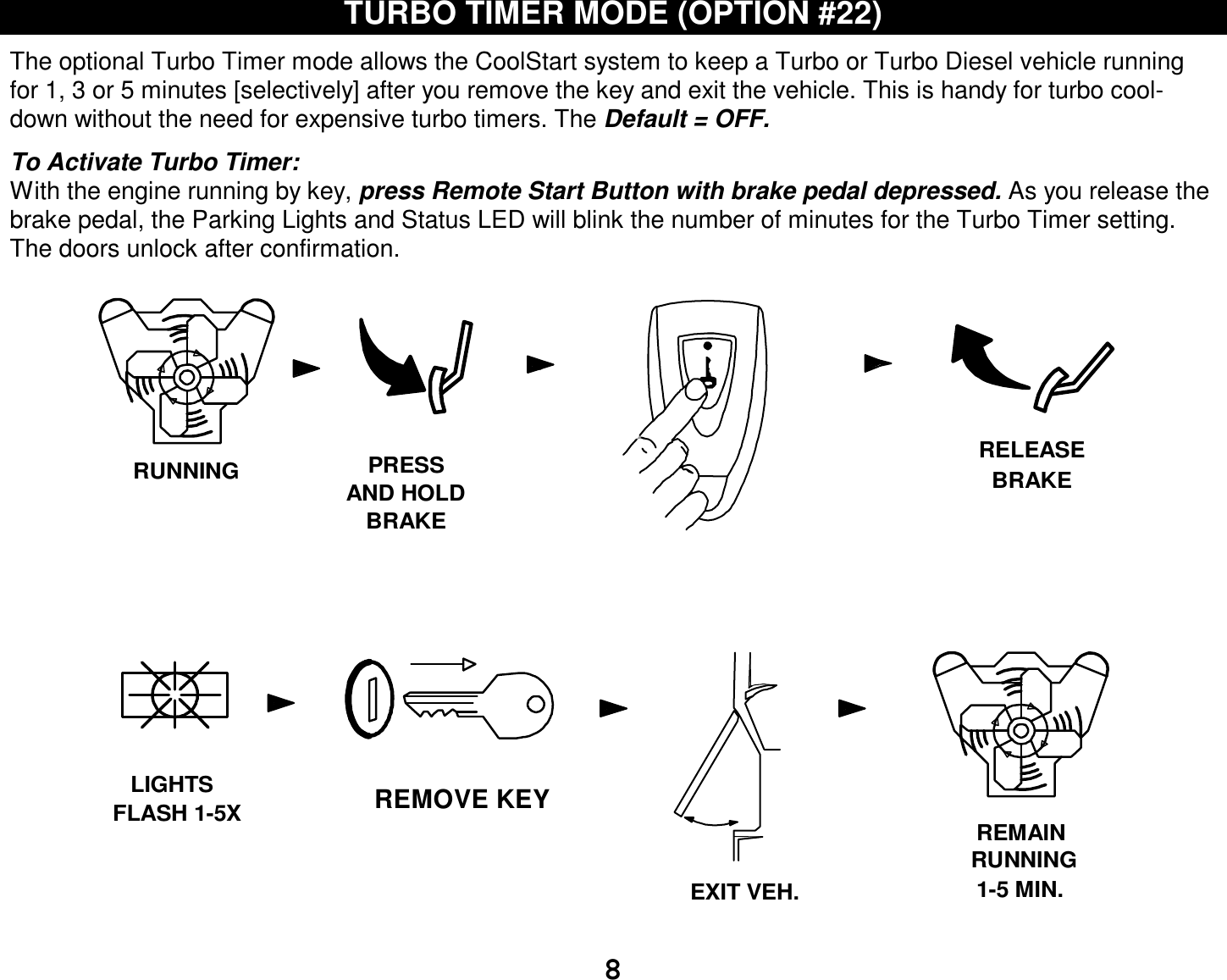  8 TURBO TIMER MODE (OPTION #22)  The optional Turbo Timer mode allows the CoolStart system to keep a Turbo or Turbo Diesel vehicle running for 1, 3 or 5 minutes [selectively] after you remove the key and exit the vehicle. This is handy for turbo cool-down without the need for expensive turbo timers. The Default = OFF.  To Activate Turbo Timer: With the engine running by key, press Remote Start Button with brake pedal depressed. As you release the brake pedal, the Parking Lights and Status LED will blink the number of minutes for the Turbo Timer setting. The doors unlock after confirmation. REMOVE KEYFLASH 1-5XEXIT VEH.PRESSAND HOLDBRAKERUNNING RELEASEBRAKELIGHTSRUNNINGREMAIN1-5 MIN. 