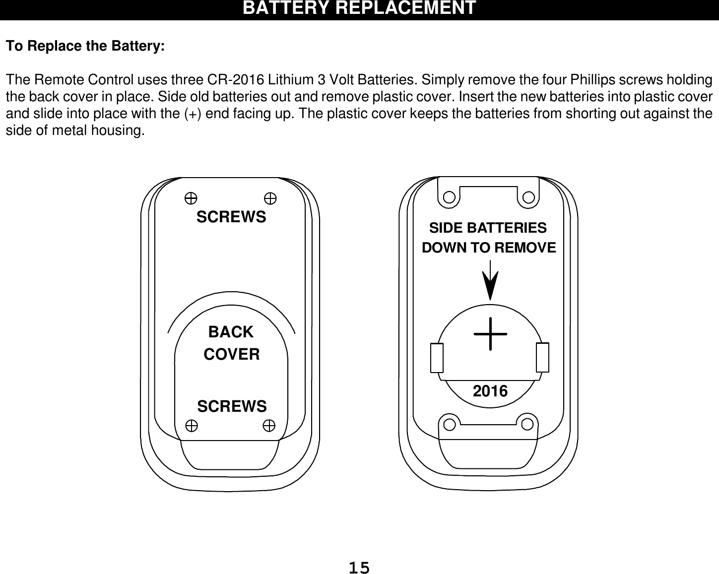  15 BATTERY REPLACEMENT  To Replace the Battery:   The Remote Control uses three CR-2016 Lithium 3 Volt Batteries. Simply remove the four Phillips screws holding the back cover in place. Side old batteries out and remove plastic cover. Insert the new batteries into plastic cover and slide into place with the (+) end facing up. The plastic cover keeps the batteries from shorting out against the side of metal housing.    BACKCOVERSCREWSSCREWS2016  SIDE BATTERIESDOWN TO REMOVE    