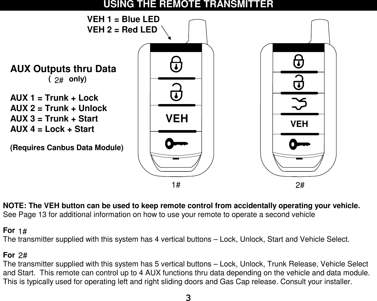  3 USING THE REMOTE TRANSMITTER                           VEHVEH                                                                                                                             NOTE: The VEH button can be used to keep remote control from accidentally operating your vehicle. See Page 13 for additional information on how to use your remote to operate a second vehicle  For The transmitter supplied with this system has 4 vertical buttons – Lock, Unlock, Start and Vehicle Select.    For The transmitter supplied with this system has 5 vertical buttons – Lock, Unlock, Trunk Release, Vehicle Select and Start.  This remote can control up to 4 AUX functions thru data depending on the vehicle and data module. This is typically used for operating left and right sliding doors and Gas Cap release. Consult your installer.    VEH 1 = Blue LED  VEH 2 = Red LED  AUX Outputs thru Data               ( only)   AUX 1 = Trunk + Lock AUX 2 = Trunk + Unlock AUX 3 = Trunk + Start AUX 4 = Lock + Start  (Requires Canbus Data Module) 1# 2#1#2#2#