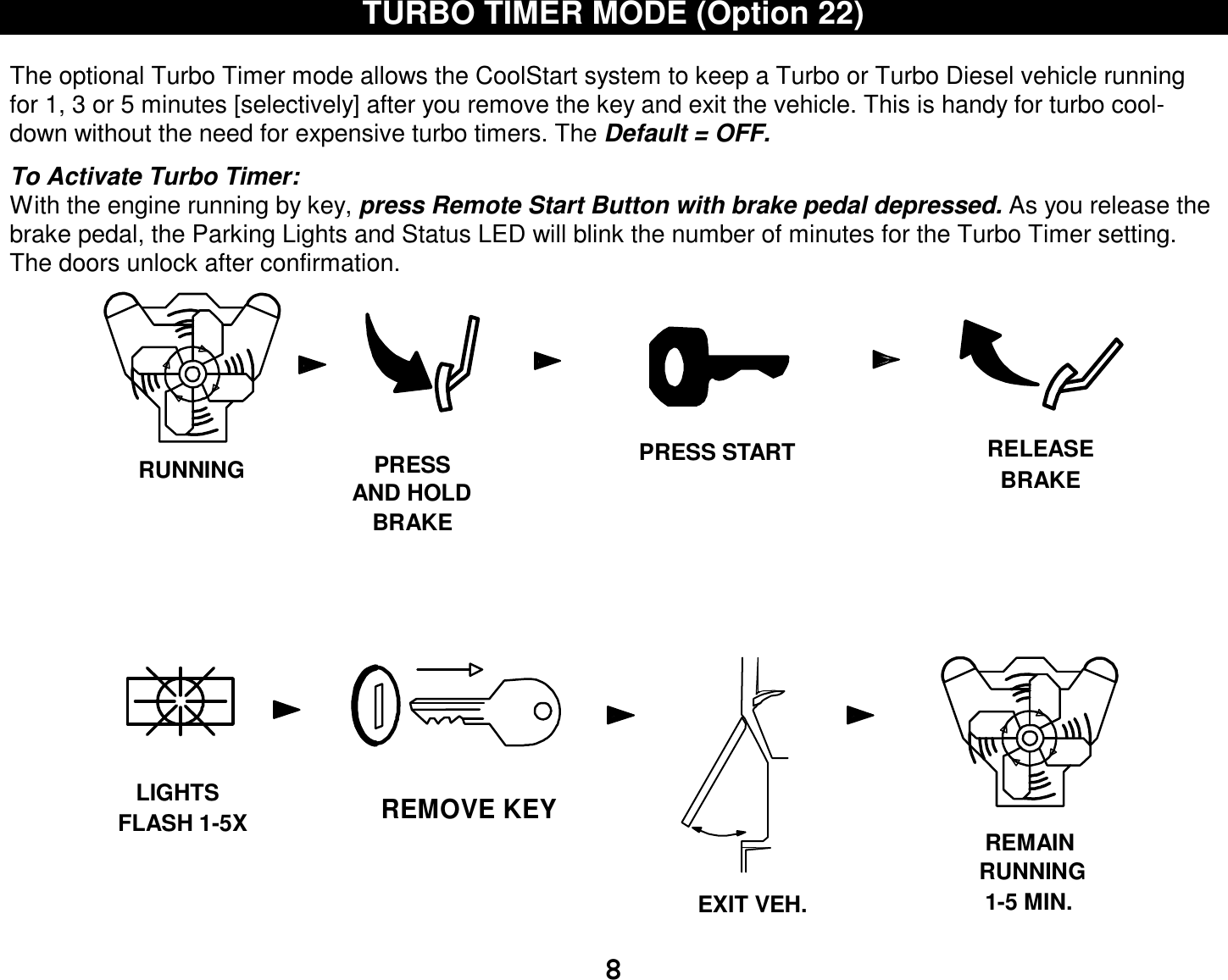  8 TURBO TIMER MODE (Option 22)   The optional Turbo Timer mode allows the CoolStart system to keep a Turbo or Turbo Diesel vehicle running for 1, 3 or 5 minutes [selectively] after you remove the key and exit the vehicle. This is handy for turbo cool-down without the need for expensive turbo timers. The Default = OFF.  To Activate Turbo Timer: With the engine running by key, press Remote Start Button with brake pedal depressed. As you release the brake pedal, the Parking Lights and Status LED will blink the number of minutes for the Turbo Timer setting. The doors unlock after confirmation. REMOVE KEYFLASH 1-5XEXIT VEH.PRESSAND HOLDBRAKERUNNING RELEASEBRAKELIGHTSRUNNINGREMAIN1-5 MIN.PRESS START 