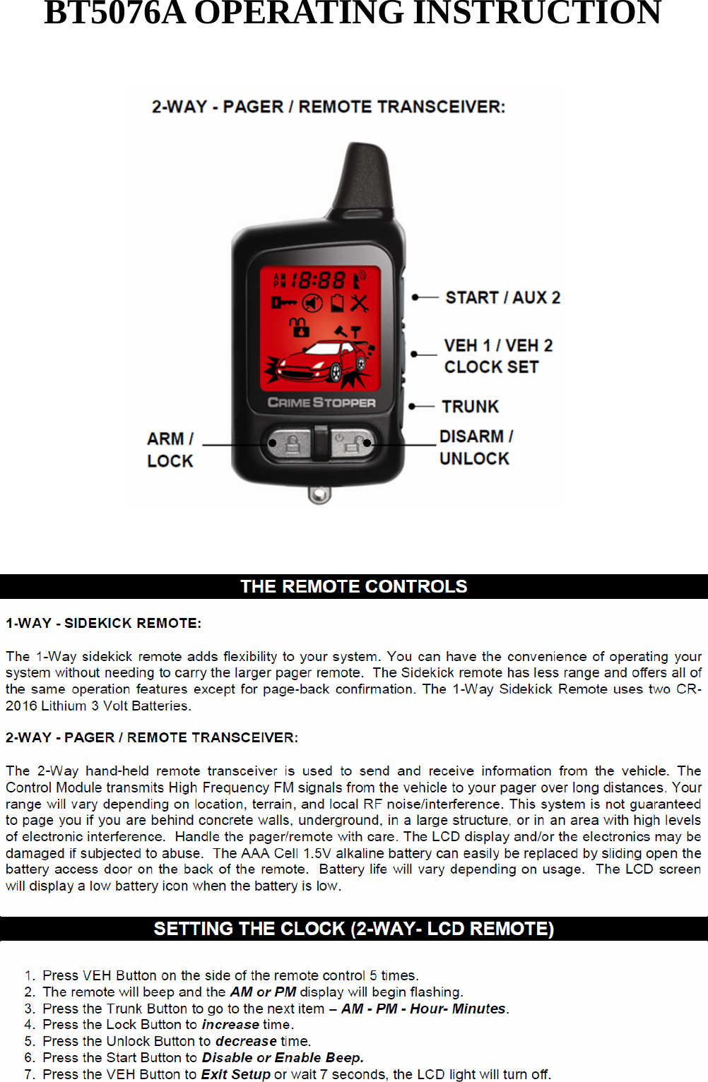 BT5076A OPERATING INSTRUCTION       