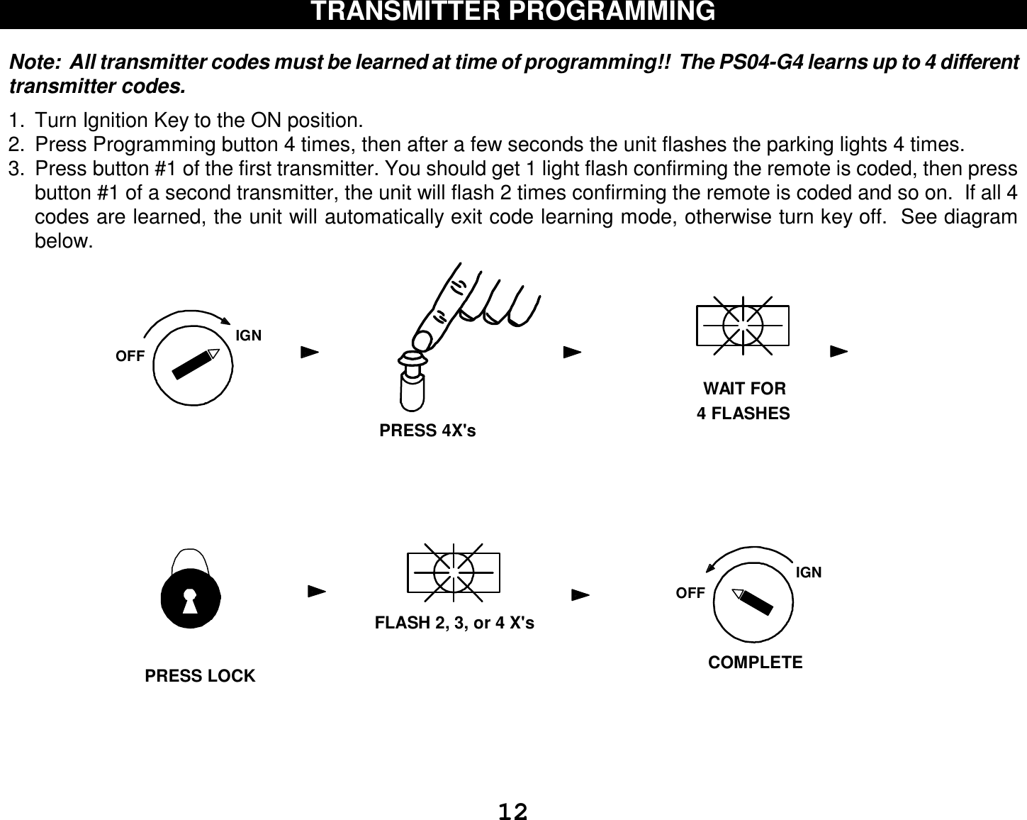  12 TRANSMITTER PROGRAMMING   Note:  All transmitter codes must be learned at time of programming!!  The PS04-G4 learns up to 4 different transmitter codes.    1. Turn Ignition Key to the ON position.  2. Press Programming button 4 times, then after a few seconds the unit flashes the parking lights 4 times. 3. Press button #1 of the first transmitter. You should get 1 light flash confirming the remote is coded, then press button #1 of a second transmitter, the unit will flash 2 times confirming the remote is coded and so on.  If all 4 codes are learned, the unit will automatically exit code learning mode, otherwise turn key off.  See diagram below.                        IGNOFFWAIT FOR4 FLASHESPRESS 4X&apos;sFLASH 2, 3, or 4 X&apos;sIGNOFFCOMPLETEPRESS LOCK   