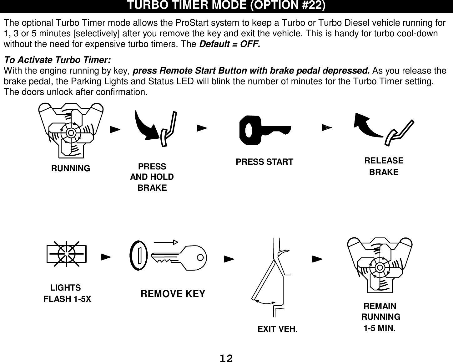  12 TURBO TIMER MODE (OPTION #22)  The optional Turbo Timer mode allows the ProStart system to keep a Turbo or Turbo Diesel vehicle running for 1, 3 or 5 minutes [selectively] after you remove the key and exit the vehicle. This is handy for turbo cool-down without the need for expensive turbo timers. The Default = OFF.  To Activate Turbo Timer: With the engine running by key, press Remote Start Button with brake pedal depressed. As you release the brake pedal, the Parking Lights and Status LED will blink the number of minutes for the Turbo Timer setting. The doors unlock after confirmation.      REMOVE KEYFLASH 1-5XEXIT VEH.PRESSAND HOLDBRAKERUNNING RELEASEBRAKELIGHTSRUNNINGREMAIN1-5 MIN.PRESS START 