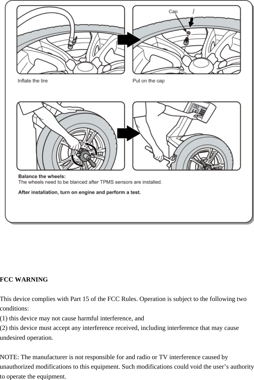       FCC WARNING  This device complies with Part 15 of the FCC Rules. Operation is subject to the following two conditions: (1) this device may not cause harmful interference, and (2) this device must accept any interference received, including interference that may cause undesired operation.  NOTE: The manufacturer is not responsible for and radio or TV interference caused by unauthorized modifications to this equipment. Such modifications could void the user’s authority to operate the equipment.   