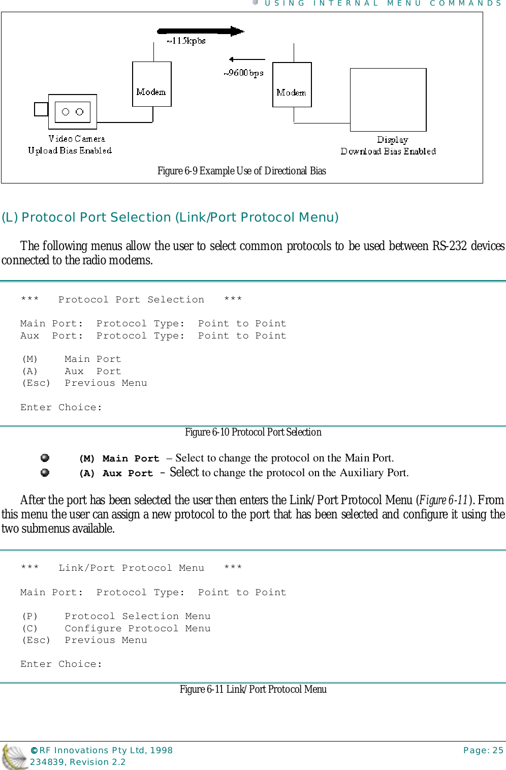 USING INTERNAL MENU COMMANDS©©©© RF Innovations Pty Ltd, 1998 Page: 25234839, Revision 2.2(L) Protocol Port Selection (Link/Port Protocol Menu)The following menus allow the user to select common protocols to be used between RS-232 devicesconnected to the radio modems.***   Protocol Port Selection   ***Main Port:  Protocol Type:  Point to PointAux  Port:  Protocol Type:  Point to Point(M)    Main Port(A)    Aux  Port(Esc)  Previous MenuEnter Choice:Figure 6-10 Protocol Port Selection(M) Main Port – Select to change the protocol on the Main Port.(A) Aux Port – Select to change the protocol on the Auxiliary Port.After the port has been selected the user then enters the Link/Port Protocol Menu (Figure 6-11). Fromthis menu the user can assign a new protocol to the port that has been selected and configure it using thetwo submenus available.***   Link/Port Protocol Menu   ***Main Port:  Protocol Type:  Point to Point(P)    Protocol Selection Menu(C)    Configure Protocol Menu(Esc)  Previous MenuEnter Choice:Figure 6-11 Link/Port Protocol MenuFigure 6-9 Example Use of Directional Bias