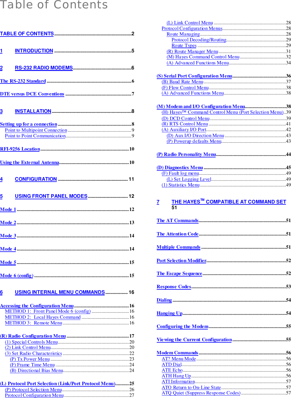 Table of ContentsTABLE OF CONTENTS..............................................................21 INTRODUCTION ..............................................................52 RS-232 RADIO MODEMS...............................................6The RS-232 Standard....................................................................6DTE versus DCE Conventions .....................................................73 INSTALLATION................................................................8Setting up for a connection...........................................................8Point to Multipoint Connection ...................................................9Point to Point Communication.....................................................9RFI-9256 Location.......................................................................10Using the External Antenna........................................................104 CONFIGURATION ........................................................ 115 USING FRONT PANEL MODES................................ 12Mode 1..........................................................................................12Mode 2..........................................................................................13Mode 3..........................................................................................14Mode 4..........................................................................................14Mode 5..........................................................................................15Mode 6 (config) ............................................................................156 USING INTERNAL MENU COMMANDS.................. 16Accessing the Configuration Menu............................................16METHOD 1:  Front Panel Mode 6 (config)..............................16METHOD 2:  Local Hayes Command ......................................16METHOD 3:  Remote Menu.....................................................16(R) Radio Configuration Menu ..................................................17(1) Special Controls Menu.........................................................20(2) Link Control Menu...............................................................20(3) Set Radio Characteristics .....................................................22(P) Tx Power Menu...............................................................23(F) Frame Time Menu ...........................................................24(B) Directional Bias Menu.....................................................24(L) Protocol Port Selection (Link/Port Protocol Menu)...........25(P) Protocol Selection Menu......................................................26Protocol Configuration Menu....................................................27(L) Link Control Menu..........................................................28Protocol Configuration Menus...................................................28Route Managing.....................................................................28Protocol Decoding/Routing................................................29Route Types .......................................................................29(R) Route Manager Menu ......................................................31(M) Hayes Command Control Menu.....................................32(A) Advanced F unctions Menu..............................................34(S) Serial Port Configuration Menu...........................................36(B) Baud Rate Menu..................................................................37(F) Flow Control Menu..............................................................38(A) Advanced F unctions Menu..................................................38(M) Modem and I/O Configuration Menu.................................38(H) Hayes Command Control Menu (Port Selection Menu)..39(D) DCD Control Menu.............................................................39(R) RTS Control Menu..............................................................41(A) Auxiliary I/O Port................................................................42(D) Aux I/O Direction Menu.................................................43(P) Powerup defaults Menu....................................................43(P) Radio Personality Menu........................................................44(D) Diagnostics Menu..................................................................45(F) Fault log menu......................................................................49(L) Set Logging Level............................................................49(1) Statistics Menu.....................................................................497 THE HAYESTM  COMPATIBLE AT COMMAND SET51The AT Commands......................................................................51The Attention Code......................................................................51Multiple Commands ....................................................................51Port Selection Modifier................................................................52The Escape Sequence...................................................................52Response Codes............................................................................53Dialing...........................................................................................54Hanging Up...................................................................................54Configuring the Modem..............................................................55Viewing the Current Configuration...........................................55Modem Commands......................................................................56AT? Menu Mode........................................................................56ATD Dial....................................................................................56ATE Echo...................................................................................56ATH Hang Up............................................................................56ATI Information.........................................................................57ATO Return to On-Line State....................................................57ATQ Quiet (Suppress Response Codes)....................................57