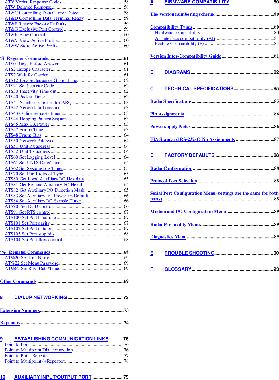 ATV Verbal Response Codes....................................................58ATW Delayed Response............................................................58AT&amp;C Controlling Data Carrier Detect.....................................58AT&amp;D Controlling Data Terminal Ready.................................59AT&amp;F Restore Factory Defaults................................................59AT&amp;G Exclusive Port Control..................................................59AT&amp;K Flow Control..................................................................60AT&amp;V View Active Profile.......................................................60AT&amp;W Store Active Profile ......................................................60‘S’ Register Commands...............................................................61ATS0 Rings Before Answer......................................................61ATS2 Escape Character.............................................................61ATS7 Wait for Carrier...............................................................61ATS12 Escape Sequence Guard Time.......................................62ATS21 Set Security Code..........................................................62ATS30 Inactivity Time out........................................................62ATS40 Packet Timer .................................................................62ATS41 Number of retries for ARQ ...........................................63ATS42 Network fail timeout .....................................................63ATS43 Online requests timer ....................................................63ATS44 Hopping Pattern Sequence............................................63ATS45 Max TX Power..............................................................63ATS47 Frame Time...................................................................63ATS48 Frame Bias....................................................................64ATS50 Network Address...........................................................64ATS51 Unit Rx address.............................................................64ATS52 Unit Tx address.............................................................64ATS60 Set Logging Level.........................................................64ATS61 Set UNIX Date/Time.....................................................65ATS62 Set System/Log Timer...................................................65ATS70 Set Port Protocol Type ..................................................65ATS80 Get Local Auxiliary I/O Hex data.................................65ATS81 Get Remote Auxiliary I/O Hex data..............................65ATS82 Get Auxiliary I/O Direction Mask ................................65ATS83 Set Auxiliary I/O Power-up Default .............................66ATS84 Set Auxiliary I/O Sample Timer ...................................66ATS90  Set DCD control...........................................................66ATS91 Set RTS control.............................................................67ATS100 Set Port baud rate ........................................................67ATS101 Set Port parity..............................................................67ATS102 Set Port data bits..........................................................67ATS103 Set Port stop bits..........................................................68ATS104 Set Port flow control...................................................68‘%’ Register Commands.............................................................68AT%20 Set Unit Name..............................................................69AT%22 Set Menu Password......................................................69AT%62 Set RTC Date/Time......................................................69Other Commands ........................................................................698 DIALUP NETWORKING.............................................. 73Extension Numbers......................................................................73Repeaters......................................................................................749 ESTABLISHING COMMUNICATION LINKS........... 76Point to Point .............................................................................76Point to Multipoint Dial connection ..........................................76Point to Point Repeater ..............................................................77Point to Multipoint (+Repeater).................................................7810 AUXILIARY INPUT/OUTPUT PORT ......................... 79A FIRMWARE COMPATIBILITY ....................................80The version numbe ring sche me ..................................................80Compatibility Types ....................................................................80Hardware compatibility..............................................................80Air interface compatibility (AI) .................................................81Feature Compatibility (F)...........................................................81Version Inter-Compatibility Guide............................................81B DIAGRAMS.....................................................................82C TECHNICAL SPECIFICATIONS.................................85Radio Specifications.....................................................................85Pin Assignments ...........................................................................86Power supply Notes .....................................................................86EIA Standard RS-232-C Pin Assignments ................................87D FACTORY DEFAULTS ................................................88Radio Configuration....................................................................88Protocol Port Selection................................................................88Serial Port Configuration Menu (settings are the same for bothports) .............................................................................................88Modem and I/O Configuration Menu........................................89Radio Personality Menu..............................................................89Diagnostics Menu.........................................................................89E TROUBLE SHOOTING.................................................90F GLOSSARY....................................................................93