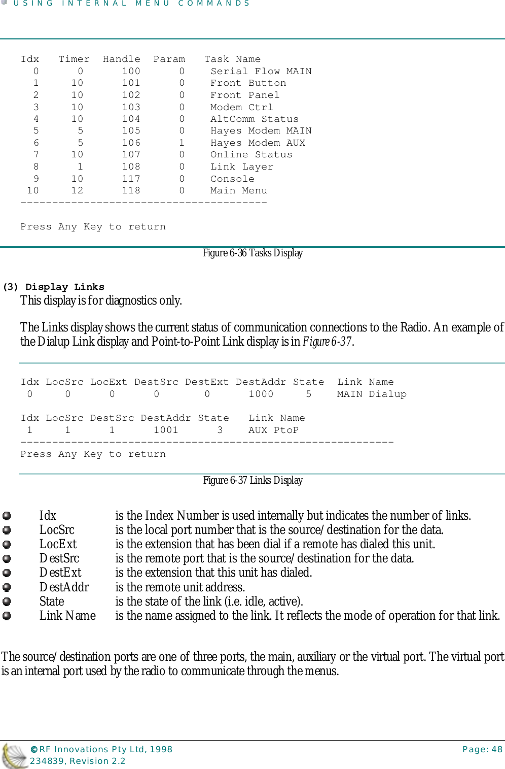 USING INTERNAL MENU COMMANDS©©©© RF Innovations Pty Ltd, 1998 Page: 48234839, Revision 2.2Idx   Timer  Handle  Param   Task Name  0      0      100      0    Serial Flow MAIN  1     10      101      0    Front Button  2     10      102      0    Front Panel  3     10      103      0    Modem Ctrl  4     10      104      0    AltComm Status  5      5      105      0    Hayes Modem MAIN  6      5      106      1    Hayes Modem AUX  7     10      107      0    Online Status  8      1      108      0    Link Layer  9     10      117      0    Console 10     12      118      0    Main Menu---------------------------------------Press Any Key to returnFigure 6-36 Tasks Display(3) Display LinksThis display is for diagnostics only.The Links display shows the current status of communication connections to the Radio. An example ofthe Dialup Link display and Point-to-Point Link display is in Figure 6-37.Idx LocSrc LocExt DestSrc DestExt DestAddr State  Link Name 0     0      0      0       0      1000     5    MAIN Dialup Idx LocSrc DestSrc DestAddr State   Link Name 1     1      1      1001      3    AUX PtoP-----------------------------------------------------------Press Any Key to returnFigure 6-37 Links DisplayIdx  is the Index Number is used internally but indicates the number of links.LocSrc is the local port number that is the source/destination for the data.LocExt is the extension that has been dial if a remote has dialed this unit.DestSrc is the remote port that is the source/destination for the data.DestExt  is the extension that this unit has dialed.DestAddr is the remote unit address.State is the state of the link (i.e. idle, active).Link Name is the name assigned to the link. It reflects the mode of operation for that link.The source/destination ports are one of three ports, the main, auxiliary or the virtual port. The virtual portis an internal port used by the radio to communicate through the menus.
