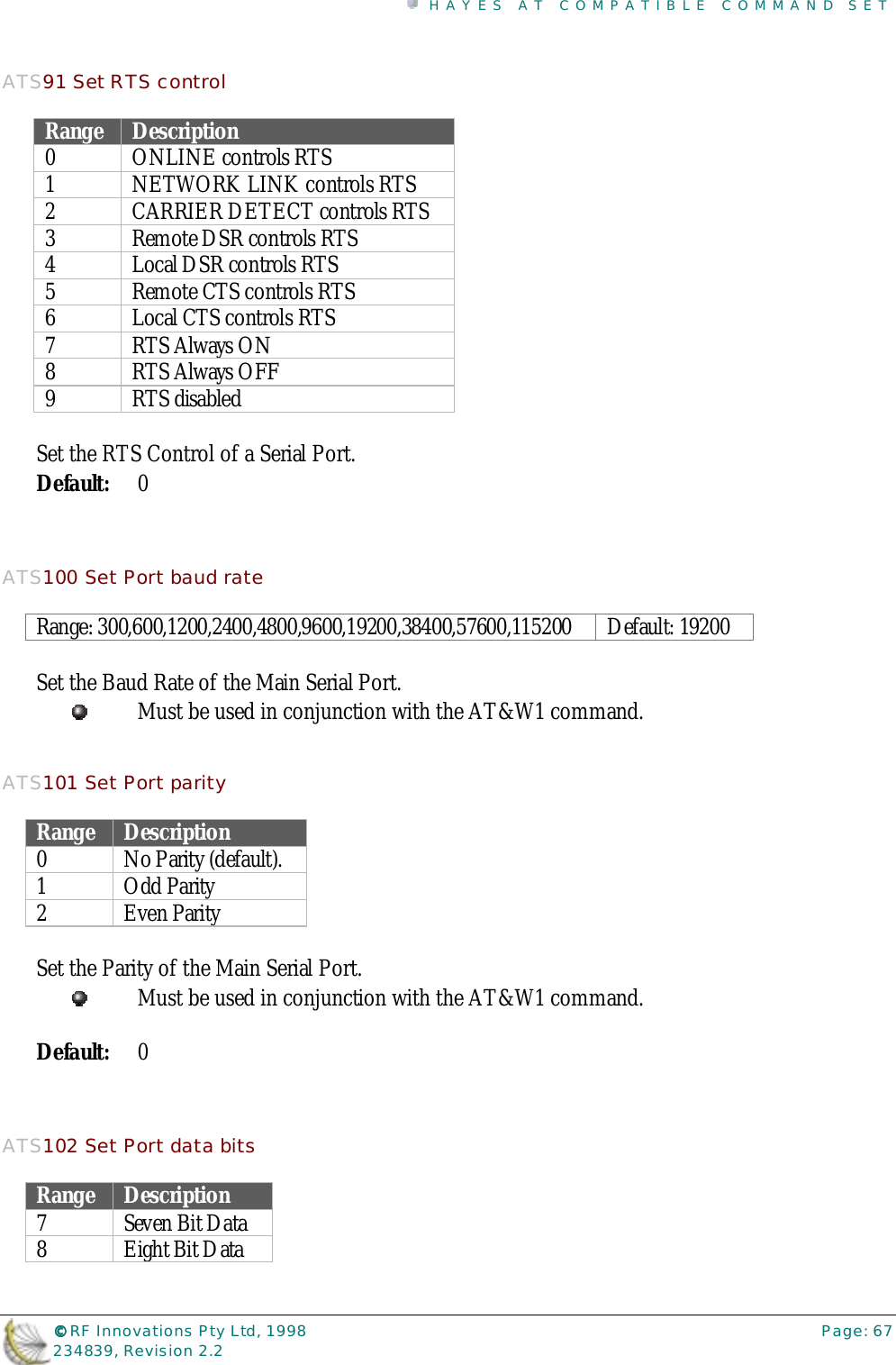 HAYES AT COMPATIBLE COMMAND SET©©©© RF Innovations Pty Ltd, 1998 Page: 67234839, Revision 2.2ATS91 Set RTS controlRange Description0 ONLINE controls RTS1 NETWORK LINK controls RTS2 CARRIER DETECT controls RTS3 Remote DSR controls RTS4 Local DSR controls RTS5 Remote CTS controls RTS6 Local CTS controls RTS7RTS Always ON8RTS Always OFF9 RTS disabledSet the RTS Control of a Serial Port.Default: 0ATS100 Set Port baud rateRange: 300,600,1200,2400,4800,9600,19200,38400,57600,115200 Default: 19200Set the Baud Rate of the Main Serial Port.Must be used in conjunction with the AT&amp;W1 command.ATS101 Set Port parityRange Description0 No Parity (default).1 Odd Parity2Even ParitySet the Parity of the Main Serial Port.Must be used in conjunction with the AT&amp;W1 command.Default: 0ATS102 Set Port data bitsRange Description7 Seven Bit Data8 Eight Bit Data