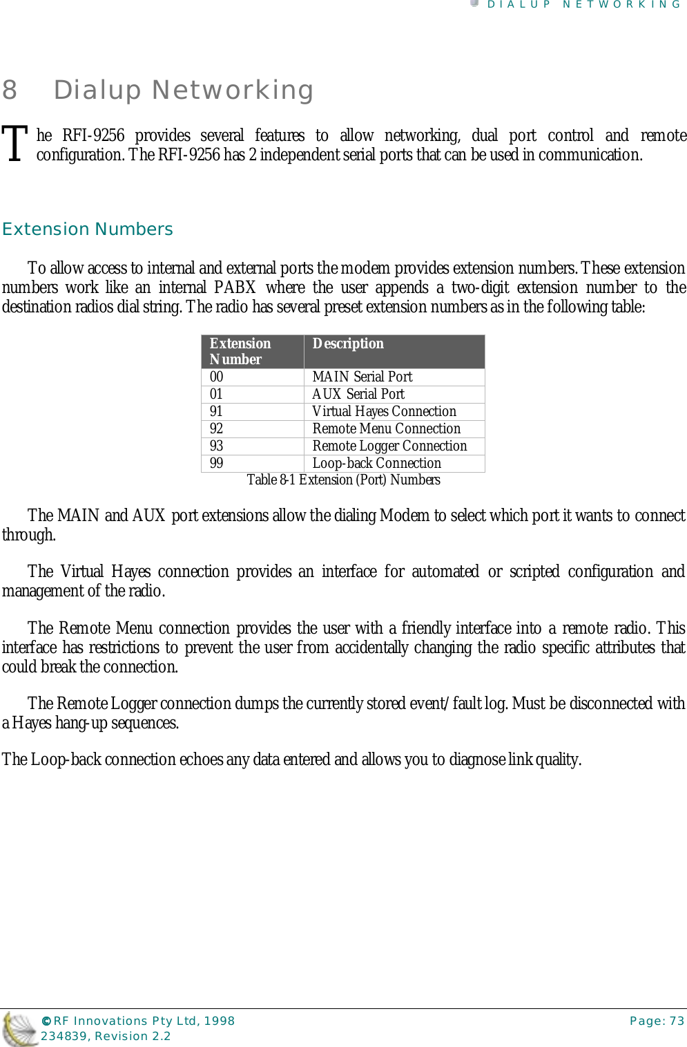 DIALUP NETWORKING©©©© RF Innovations Pty Ltd, 1998 Page: 73234839, Revision 2.28 Dialup Networkinghe RFI-9256 provides several features to allow networking, dual port control and remoteconfiguration. The RFI-9256 has 2 independent serial ports that can be used in communication.Extension NumbersTo allow access to internal and external ports the modem provides extension numbers. These extensionnumbers work like an internal PABX where the user appends a two-digit extension number to thedestination radios dial string. The radio has several preset extension numbers as in the following table:ExtensionNumber Description00 MAIN Serial Port01 AUX Serial Port91 Virtual Hayes Connection92 Remote Menu Connection93 Remote Logger Connection99 Loop-back ConnectionTable 8-1 Extension (Port) NumbersThe MAIN and AUX port extensions allow the dialing Modem to select which port it wants to connectthrough.The Virtual Hayes connection provides an interface for automated or scripted configuration andmanagement of the radio.The Remote Menu connection provides the user with a friendly interface into a remote radio. Thisinterface has restrictions to prevent the user from accidentally changing the radio specific attributes thatcould break the connection.The Remote Logger connection dumps the currently stored event/fault log. Must be disconnected witha Hayes hang-up sequences.The Loop-back connection echoes any data entered and allows you to diagnose link quality.T