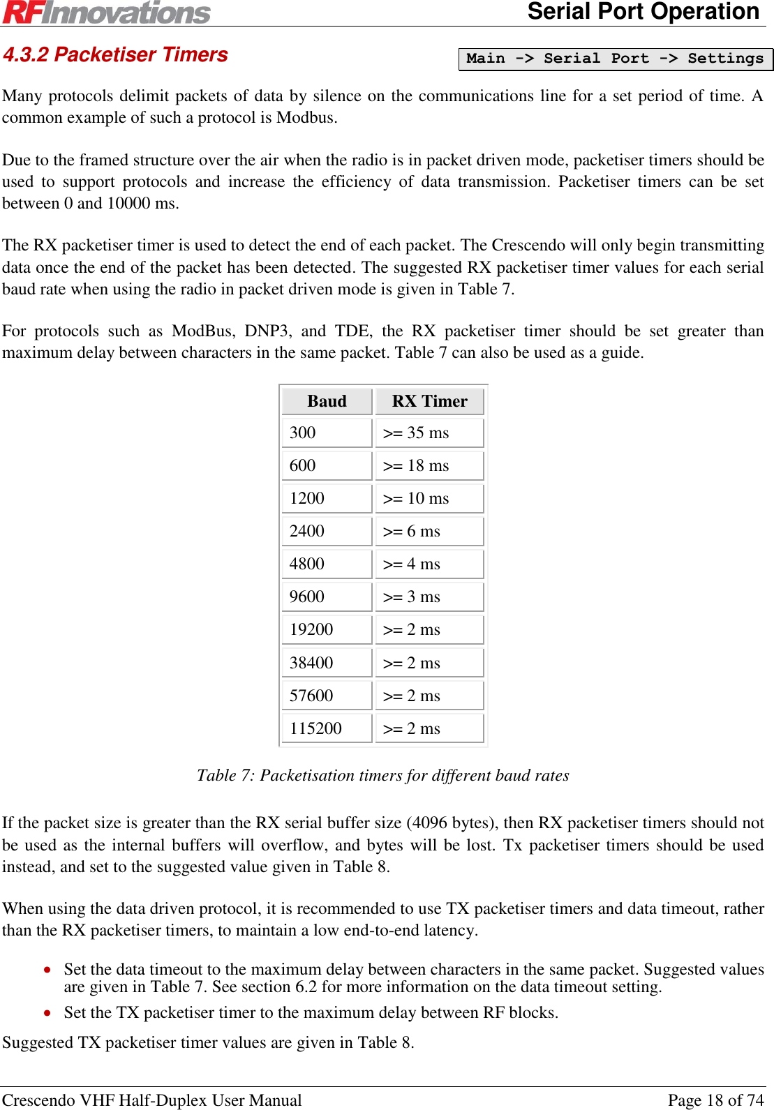      Serial Port Operation Crescendo VHF Half-Duplex User Manual  Page 18 of 74 4.3.2 Packetiser Timers Many protocols delimit packets of data by silence on the communications line for a set period of time. A common example of such a protocol is Modbus. Due to the framed structure over the air when the radio is in packet driven mode, packetiser timers should be used  to  support  protocols  and  increase  the  efficiency  of  data  transmission.  Packetiser  timers  can  be  set between 0 and 10000 ms. The RX packetiser timer is used to detect the end of each packet. The Crescendo will only begin transmitting data once the end of the packet has been detected. The suggested RX packetiser timer values for each serial baud rate when using the radio in packet driven mode is given in Table 7. For  protocols  such  as  ModBus,  DNP3,  and  TDE,  the  RX  packetiser  timer  should  be  set  greater  than maximum delay between characters in the same packet. Table 7 can also be used as a guide. Baud RX Timer 300 &gt;= 35 ms 600 &gt;= 18 ms 1200 &gt;= 10 ms 2400 &gt;= 6 ms 4800 &gt;= 4 ms 9600 &gt;= 3 ms 19200 &gt;= 2 ms 38400 &gt;= 2 ms 57600 &gt;= 2 ms 115200 &gt;= 2 ms Table 7: Packetisation timers for different baud rates If the packet size is greater than the RX serial buffer size (4096 bytes), then RX packetiser timers should not be used as the internal buffers will overflow, and bytes will be lost. Tx packetiser timers should be used instead, and set to the suggested value given in Table 8. When using the data driven protocol, it is recommended to use TX packetiser timers and data timeout, rather than the RX packetiser timers, to maintain a low end-to-end latency.  Set the data timeout to the maximum delay between characters in the same packet. Suggested values are given in Table 7. See section 6.2 for more information on the data timeout setting.  Set the TX packetiser timer to the maximum delay between RF blocks. Suggested TX packetiser timer values are given in Table 8. Main -&gt; Serial Port -&gt; Settings 