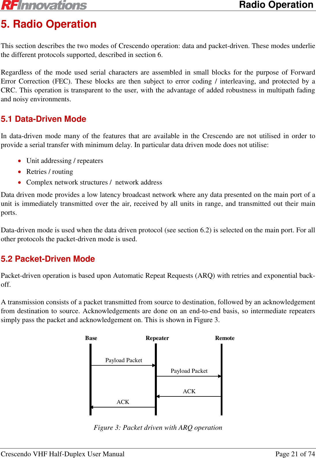      Radio Operation Crescendo VHF Half-Duplex User Manual  Page 21 of 74 5. Radio Operation This section describes the two modes of Crescendo operation: data and packet-driven. These modes underlie the different protocols supported, described in section 6. Regardless of  the  mode  used serial  characters  are assembled in small blocks for the purpose  of Forward Error Correction (FEC).  These blocks  are then  subject to  error  coding  /  interleaving,  and  protected by  a CRC. This operation is transparent to the user, with the advantage of added robustness in multipath fading and noisy environments. 5.1 Data-Driven Mode In data-driven mode  many of the features that are available in the Crescendo are not  utilised in  order  to provide a serial transfer with minimum delay. In particular data driven mode does not utilise:  Unit addressing / repeaters  Retries / routing  Complex network structures /  network address Data driven mode provides a low latency broadcast network where any data presented on the main port of a unit is immediately transmitted over the air, received by all units in range, and transmitted out their main ports. Data-driven mode is used when the data driven protocol (see section 6.2) is selected on the main port. For all other protocols the packet-driven mode is used. 5.2 Packet-Driven Mode Packet-driven operation is based upon Automatic Repeat Requests (ARQ) with retries and exponential back-off. A transmission consists of a packet transmitted from source to destination, followed by an acknowledgement from destination to source. Acknowledgements are done on an end-to-end basis, so intermediate repeaters simply pass the packet and acknowledgement on. This is shown in Figure 3.  Repeater Remote Payload Packet Base Payload Packet ACK ACK  Figure 3: Packet driven with ARQ operation 