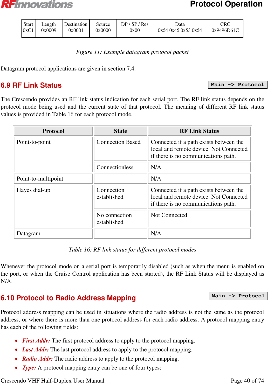      Protocol Operation Crescendo VHF Half-Duplex User Manual  Page 40 of 74  Start 0xC1 Destination 0x0001 Source 0x0000 CRC 0x9496D61C Data 0x54 0x45 0x53 0x54 DP / SP / Res 0x00 Length 0x0009  Figure 11: Example datagram protocol packet Datagram protocol applications are given in section 7.4. 6.9 RF Link Status The Crescendo provides an RF link status indication for each serial port. The RF link status depends on the protocol mode being used and the current state of that protocol. The meaning of different RF link status values is provided in Table 16 for each protocol mode. Protocol State RF Link Status Point-to-point Connection Based Connected if a path exists between the local and remote device. Not Connected if there is no communications path. Connectionless N/A Point-to-multipoint  N/A Hayes dial-up Connection established Connected if a path exists between the local and remote device. Not Connected if there is no communications path. No connection established Not Connected Datagram  N/A Table 16: RF link status for different protocol modes Whenever the protocol mode on a serial port is temporarily disabled (such as when the menu is enabled on the port, or when the Cruise Control application has been started), the RF Link Status will be displayed as N/A. 6.10 Protocol to Radio Address Mapping Protocol address mapping can be used in situations where the radio address is not the same as the protocol address, or where there is more than one protocol address for each radio address. A protocol mapping entry has each of the following fields:  First Addr: The first protocol address to apply to the protocol mapping.  Last Addr: The last protocol address to apply to the protocol mapping.  Radio Addr: The radio address to apply to the protocol mapping.  Type: A protocol mapping entry can be one of four types: Main -&gt; Protocol Main -&gt; Protocol 