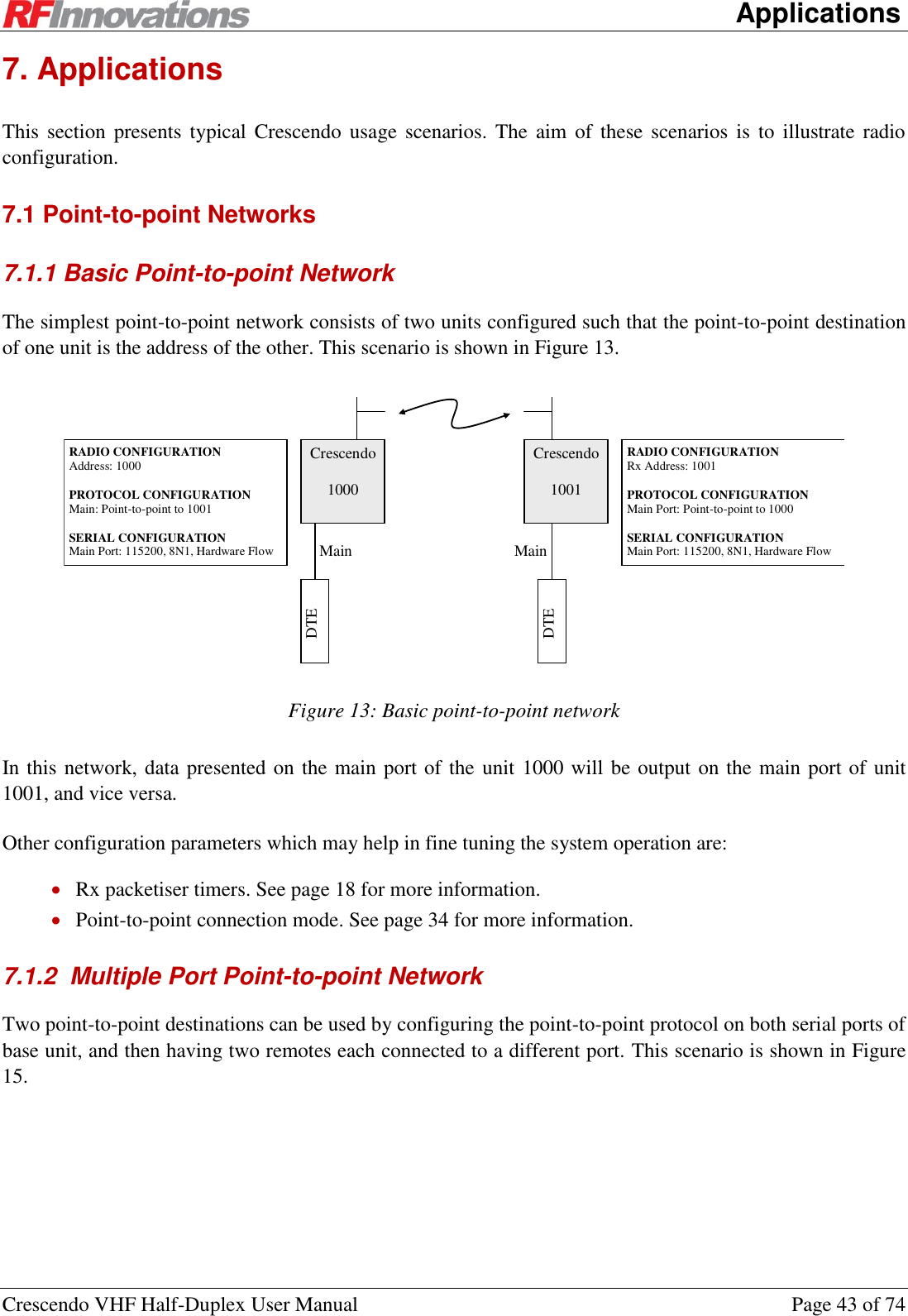      Applications Crescendo VHF Half-Duplex User Manual  Page 43 of 74 7. Applications This  section  presents  typical Crescendo usage  scenarios. The  aim of  these  scenarios  is to  illustrate radio configuration. 7.1 Point-to-point Networks 7.1.1 Basic Point-to-point Network The simplest point-to-point network consists of two units configured such that the point-to-point destination of one unit is the address of the other. This scenario is shown in Figure 13.  Crescendo  1000 Crescendo  1001 Main DTE Main DTE RADIO CONFIGURATION Rx Address: 1001  PROTOCOL CONFIGURATION Main Port: Point-to-point to 1000  SERIAL CONFIGURATION Main Port: 115200, 8N1, Hardware Flow RADIO CONFIGURATION Address: 1000  PROTOCOL CONFIGURATION Main: Point-to-point to 1001  SERIAL CONFIGURATION Main Port: 115200, 8N1, Hardware Flow  Figure 13: Basic point-to-point network In this network, data presented on the main port of the  unit 1000 will be output on the main port of unit 1001, and vice versa. Other configuration parameters which may help in fine tuning the system operation are:  Rx packetiser timers. See page 18 for more information.  Point-to-point connection mode. See page 34 for more information. 7.1.2  Multiple Port Point-to-point Network Two point-to-point destinations can be used by configuring the point-to-point protocol on both serial ports of base unit, and then having two remotes each connected to a different port. This scenario is shown in Figure 15. 