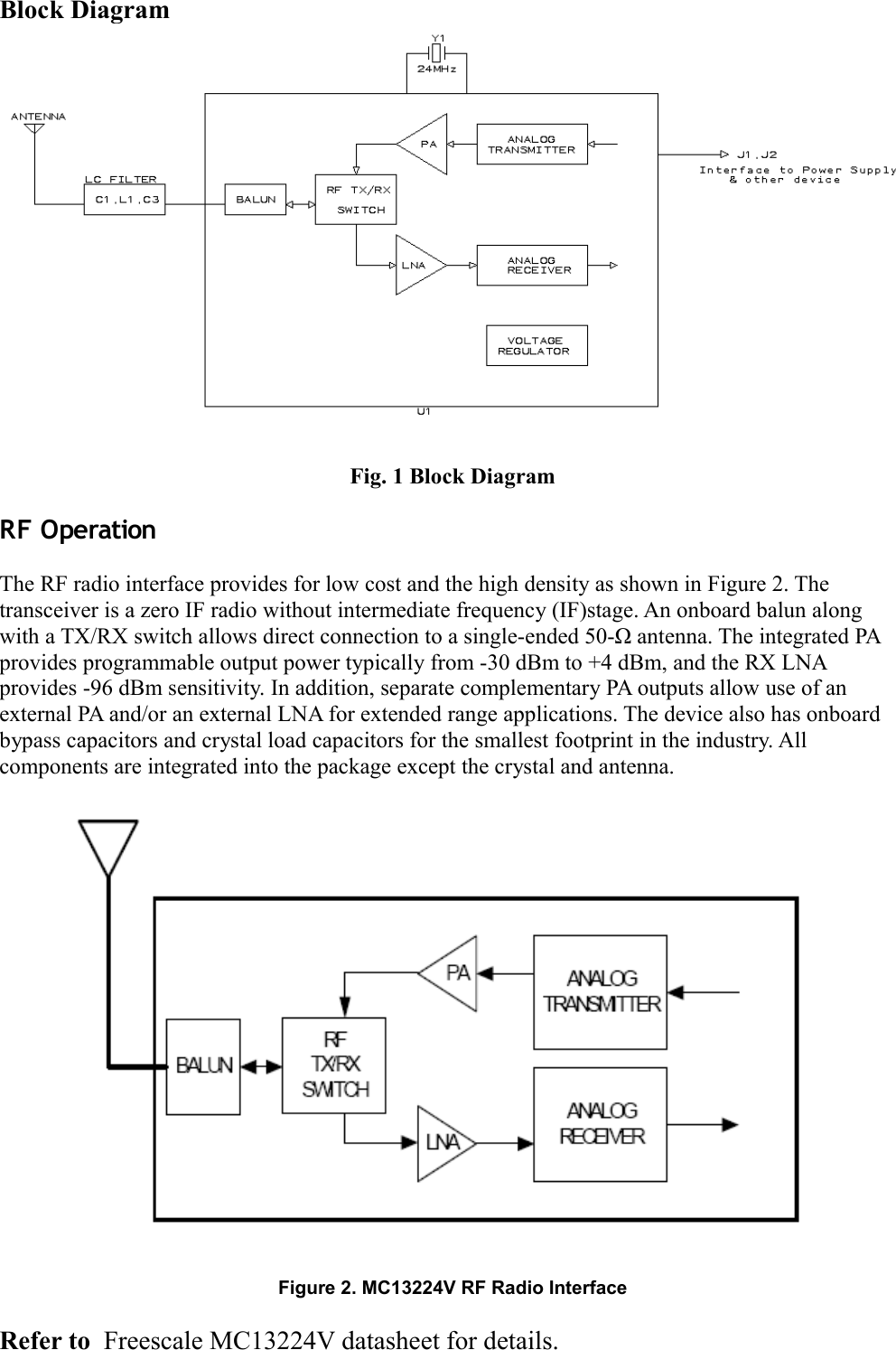 Block DiagramFig. 1 Block DiagramRF OperationThe RF radio interface provides for low cost and the high density as shown in Figure 2. The transceiver is a zero IF radio without intermediate frequency (IF)stage. An onboard balun along with a TX/RX switch allows direct connection to a single-ended 50-Ω antenna. The integrated PA provides programmable output power typically from -30 dBm to +4 dBm, and the RX LNA provides -96 dBm sensitivity. In addition, separate complementary PA outputs allow use of an external PA and/or an external LNA for extended range applications. The device also has onboard bypass capacitors and crystal load capacitors for the smallest footprint in the industry. All components are integrated into the package except the crystal and antenna.Figure 2. MC13224V RF Radio InterfaceRefer to  Freescale MC13224V datasheet for details.