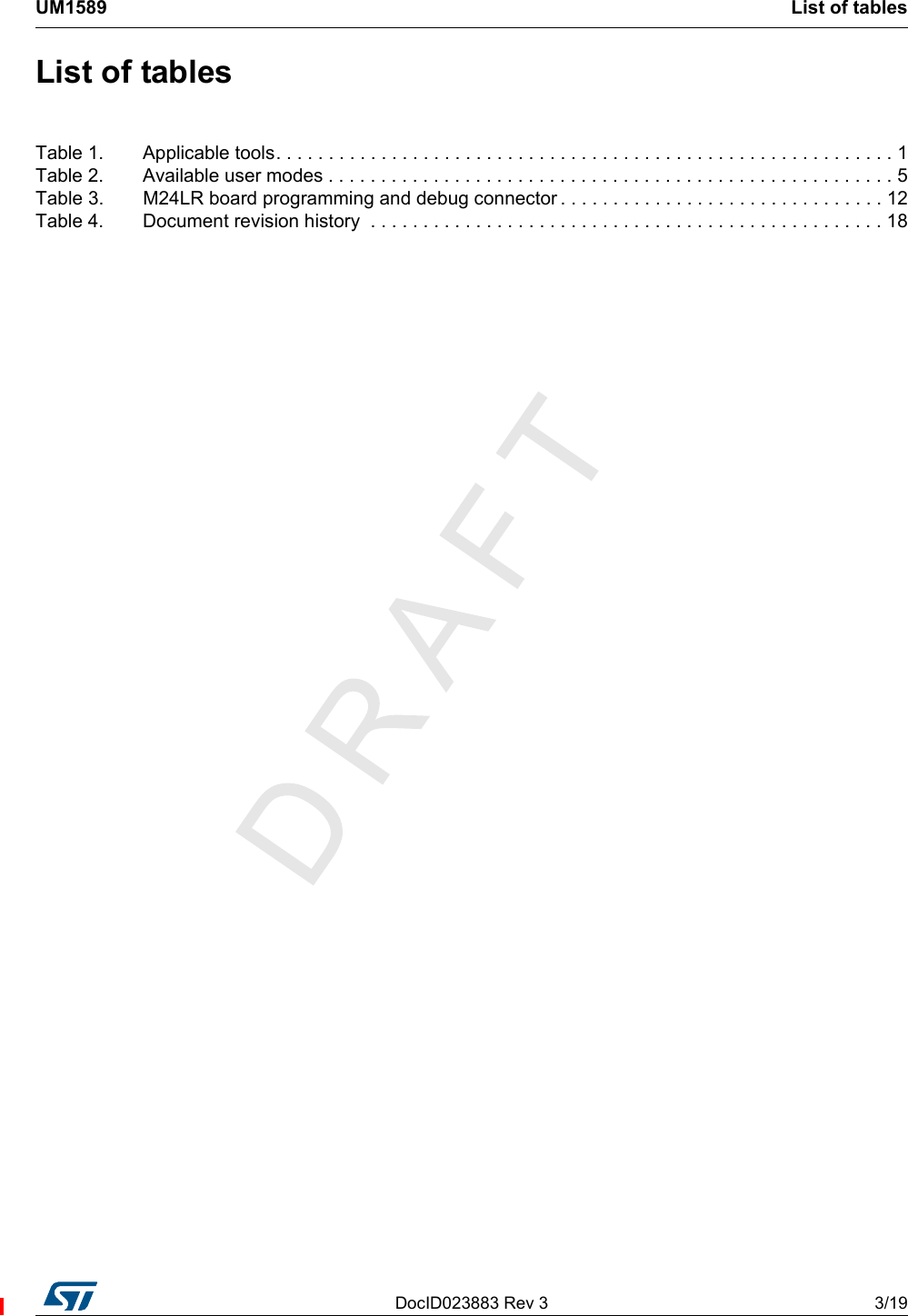 DocID023883 Rev 3 3/19UM1589 List of tables3List of tablesTable 1. Applicable tools. . . . . . . . . . . . . . . . . . . . . . . . . . . . . . . . . . . . . . . . . . . . . . . . . . . . . . . . . . . 1Table 2. Available user modes . . . . . . . . . . . . . . . . . . . . . . . . . . . . . . . . . . . . . . . . . . . . . . . . . . . . . . 5Table 3. M24LR board programming and debug connector . . . . . . . . . . . . . . . . . . . . . . . . . . . . . . . 12Table 4. Document revision history  . . . . . . . . . . . . . . . . . . . . . . . . . . . . . . . . . . . . . . . . . . . . . . . . . 18