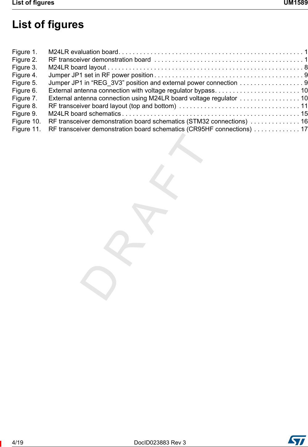 List of figures UM15894/19 DocID023883 Rev 3List of figuresFigure 1. M24LR evaluation board. . . . . . . . . . . . . . . . . . . . . . . . . . . . . . . . . . . . . . . . . . . . . . . . . . . . 1Figure 2. RF transceiver demonstration board  . . . . . . . . . . . . . . . . . . . . . . . . . . . . . . . . . . . . . . . . . . 1Figure 3. M24LR board layout . . . . . . . . . . . . . . . . . . . . . . . . . . . . . . . . . . . . . . . . . . . . . . . . . . . . . . . 8Figure 4. Jumper JP1 set in RF power position . . . . . . . . . . . . . . . . . . . . . . . . . . . . . . . . . . . . . . . . . . 9Figure 5. Jumper JP1 in “REG_3V3” position and external power connection . . . . . . . . . . . . . . . . . . 9Figure 6. External antenna connection with voltage regulator bypass. . . . . . . . . . . . . . . . . . . . . . . . 10Figure 7. External antenna connection using M24LR board voltage regulator  . . . . . . . . . . . . . . . . . 10Figure 8. RF transceiver board layout (top and bottom)  . . . . . . . . . . . . . . . . . . . . . . . . . . . . . . . . . . 11Figure 9. M24LR board schematics . . . . . . . . . . . . . . . . . . . . . . . . . . . . . . . . . . . . . . . . . . . . . . . . . . 15Figure 10. RF transceiver demonstration board schematics (STM32 connections)  . . . . . . . . . . . . . . 16Figure 11. RF transceiver demonstration board schematics (CR95HF connections) . . . . . . . . . . . . . 17