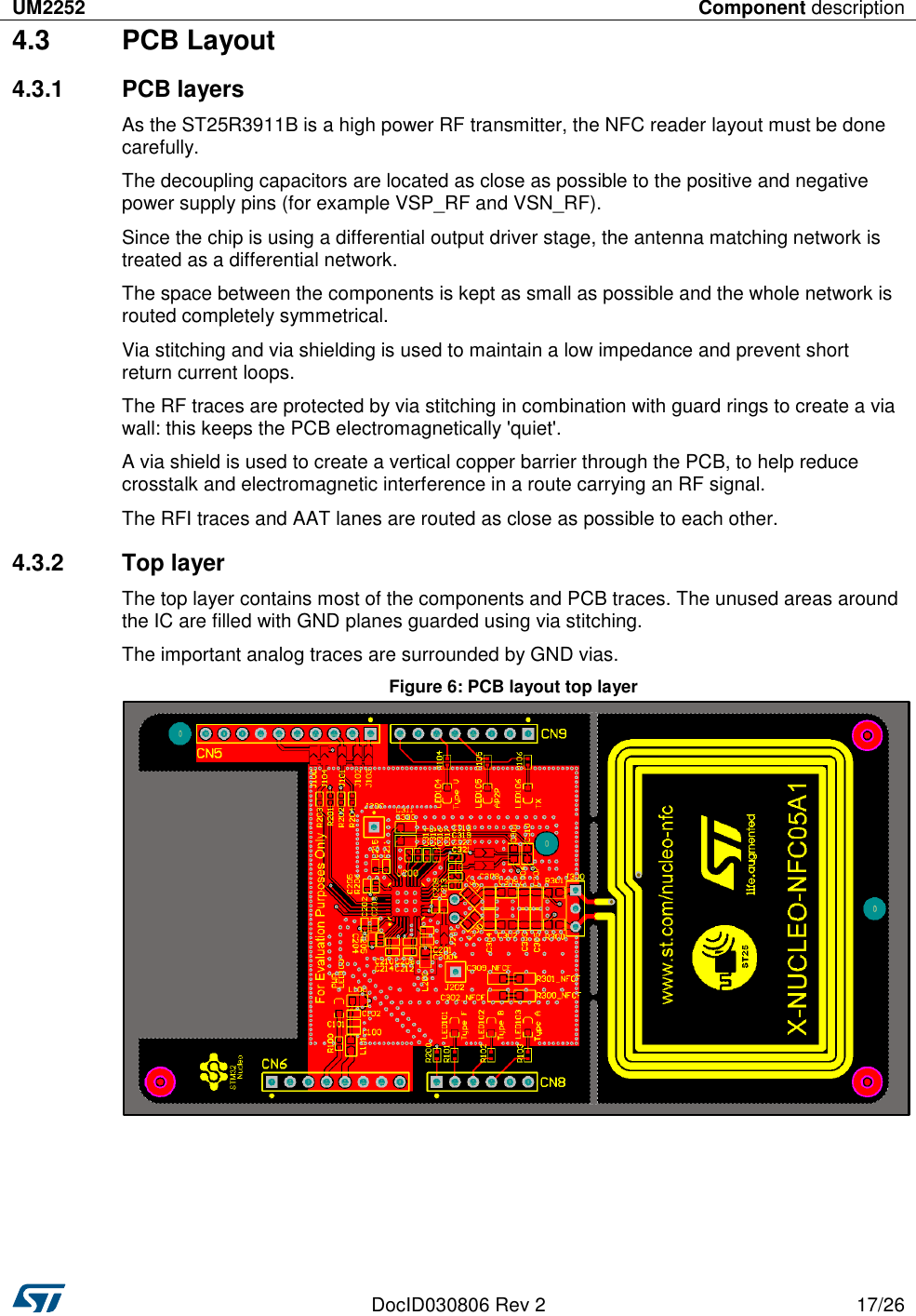 UM2252 Component description   DocID030806 Rev 2 17/26  4.3  PCB Layout 4.3.1  PCB layers As the ST25R3911B is a high power RF transmitter, the NFC reader layout must be done carefully. The decoupling capacitors are located as close as possible to the positive and negative power supply pins (for example VSP_RF and VSN_RF). Since the chip is using a differential output driver stage, the antenna matching network is treated as a differential network. The space between the components is kept as small as possible and the whole network is routed completely symmetrical. Via stitching and via shielding is used to maintain a low impedance and prevent short return current loops. The RF traces are protected by via stitching in combination with guard rings to create a via wall: this keeps the PCB electromagnetically &apos;quiet&apos;. A via shield is used to create a vertical copper barrier through the PCB, to help reduce crosstalk and electromagnetic interference in a route carrying an RF signal. The RFI traces and AAT lanes are routed as close as possible to each other. 4.3.2  Top layer The top layer contains most of the components and PCB traces. The unused areas around the IC are filled with GND planes guarded using via stitching. The important analog traces are surrounded by GND vias. Figure 6: PCB layout top layer     