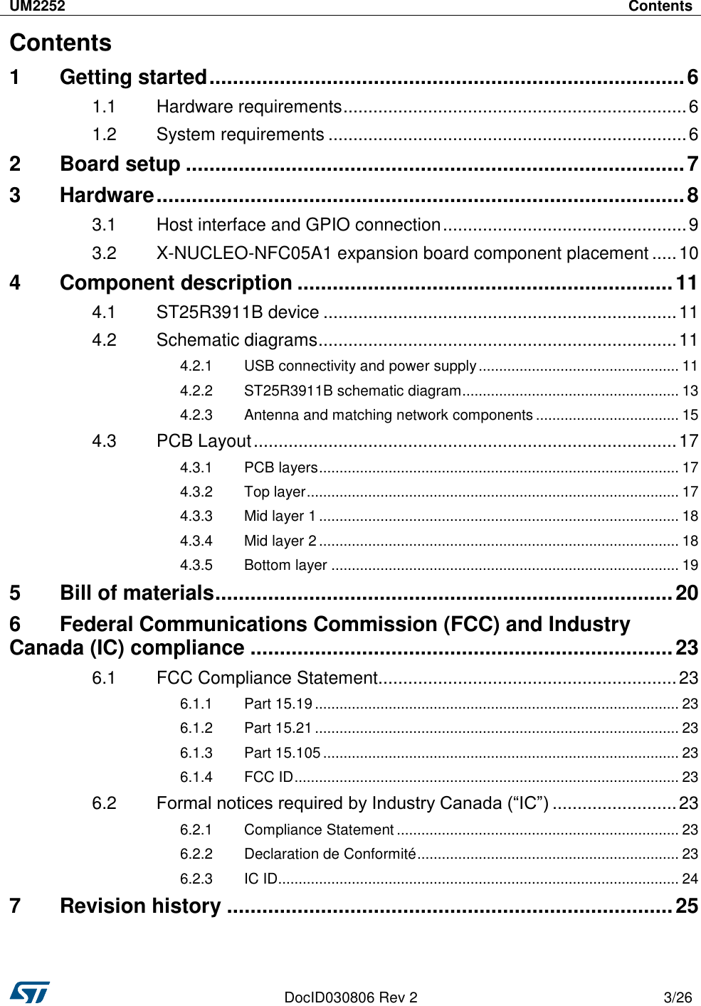 UM2252 Contents   DocID030806 Rev 2 3/26  Contents 1 Getting started ................................................................................. 6 1.1 Hardware requirements ..................................................................... 6 1.2 System requirements ........................................................................ 6 2 Board setup ..................................................................................... 7 3 Hardware .......................................................................................... 8 3.1 Host interface and GPIO connection ................................................. 9 3.2 X-NUCLEO-NFC05A1 expansion board component placement ..... 10 4 Component description ................................................................ 11 4.1 ST25R3911B device ....................................................................... 11 4.2 Schematic diagrams ........................................................................ 11 4.2.1 USB connectivity and power supply ................................................. 11 4.2.2 ST25R3911B schematic diagram ..................................................... 13 4.2.3 Antenna and matching network components ................................... 15 4.3 PCB Layout ..................................................................................... 17 4.3.1 PCB layers ........................................................................................ 17 4.3.2 Top layer ........................................................................................... 17 4.3.3 Mid layer 1 ........................................................................................ 18 4.3.4 Mid layer 2 ........................................................................................ 18 4.3.5 Bottom layer ..................................................................................... 19 5 Bill of materials .............................................................................. 20 6 Federal Communications Commission (FCC) and Industry Canada (IC) compliance ........................................................................ 23 6.1 FCC Compliance Statement............................................................ 23 6.1.1 Part 15.19 ......................................................................................... 23 6.1.2 Part 15.21 ......................................................................................... 23 6.1.3 Part 15.105 ....................................................................................... 23 6.1.4 FCC ID .............................................................................................. 23 6.2 Formal notices required by Industry Canada (“IC”) ......................... 23 6.2.1 Compliance Statement ..................................................................... 23 6.2.2 Declaration de Conformité ................................................................ 23 6.2.3 IC ID.................................................................................................. 24 7 Revision history ............................................................................ 25  