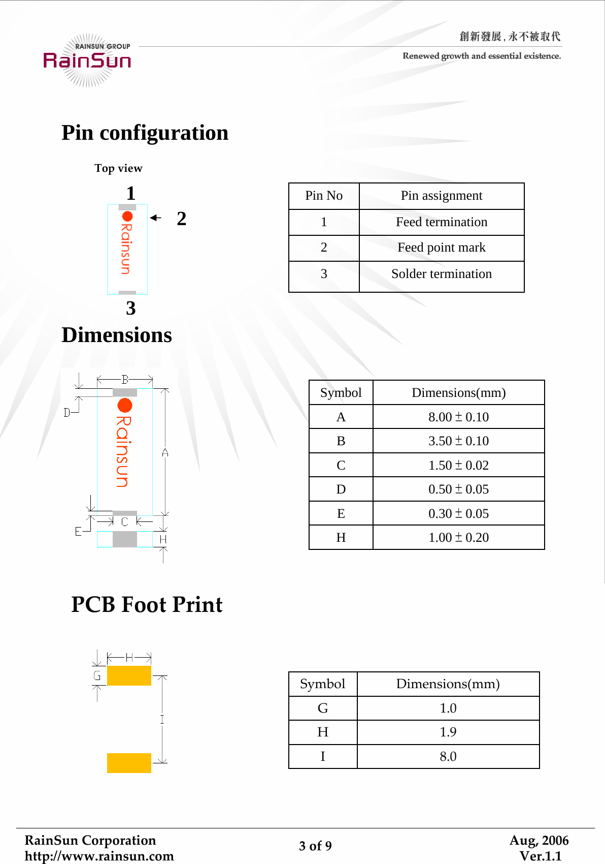 RainSunCorporationhttp://www.rainsun.com 3of9Aug,2006Ver.1.1Solder termination3Feed point mark2Feed termination1Pin assignmentPin NoPin configuration                                           0.30 ±0.05E1.00 ±0.20H0.50 ±0.05D1.50 ±0.02C3.50 ±0.10B8.00 ±0.10ADimensions(mm)SymbolDimensions132TopviewPCBFootPrint8.0I1.9H1.0GDimensions(mm)Symbol