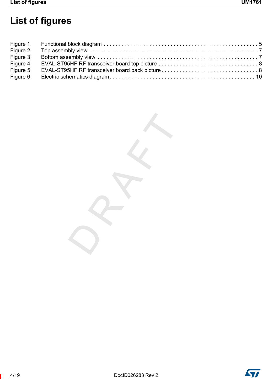 List of figures UM17614/19 DocID026283 Rev 2List of figuresFigure 1. Functional block diagram  . . . . . . . . . . . . . . . . . . . . . . . . . . . . . . . . . . . . . . . . . . . . . . . . . . . 5Figure 2. Top assembly view . . . . . . . . . . . . . . . . . . . . . . . . . . . . . . . . . . . . . . . . . . . . . . . . . . . . . . . . 7Figure 3. Bottom assembly view  . . . . . . . . . . . . . . . . . . . . . . . . . . . . . . . . . . . . . . . . . . . . . . . . . . . . . 7Figure 4. EVAL-ST95HF RF transceiver board top picture . . . . . . . . . . . . . . . . . . . . . . . . . . . . . . . . . 8Figure 5. EVAL-ST95HF RF transceiver board back picture . . . . . . . . . . . . . . . . . . . . . . . . . . . . . . . . 8Figure 6. Electric schematics diagram . . . . . . . . . . . . . . . . . . . . . . . . . . . . . . . . . . . . . . . . . . . . . . . . 10