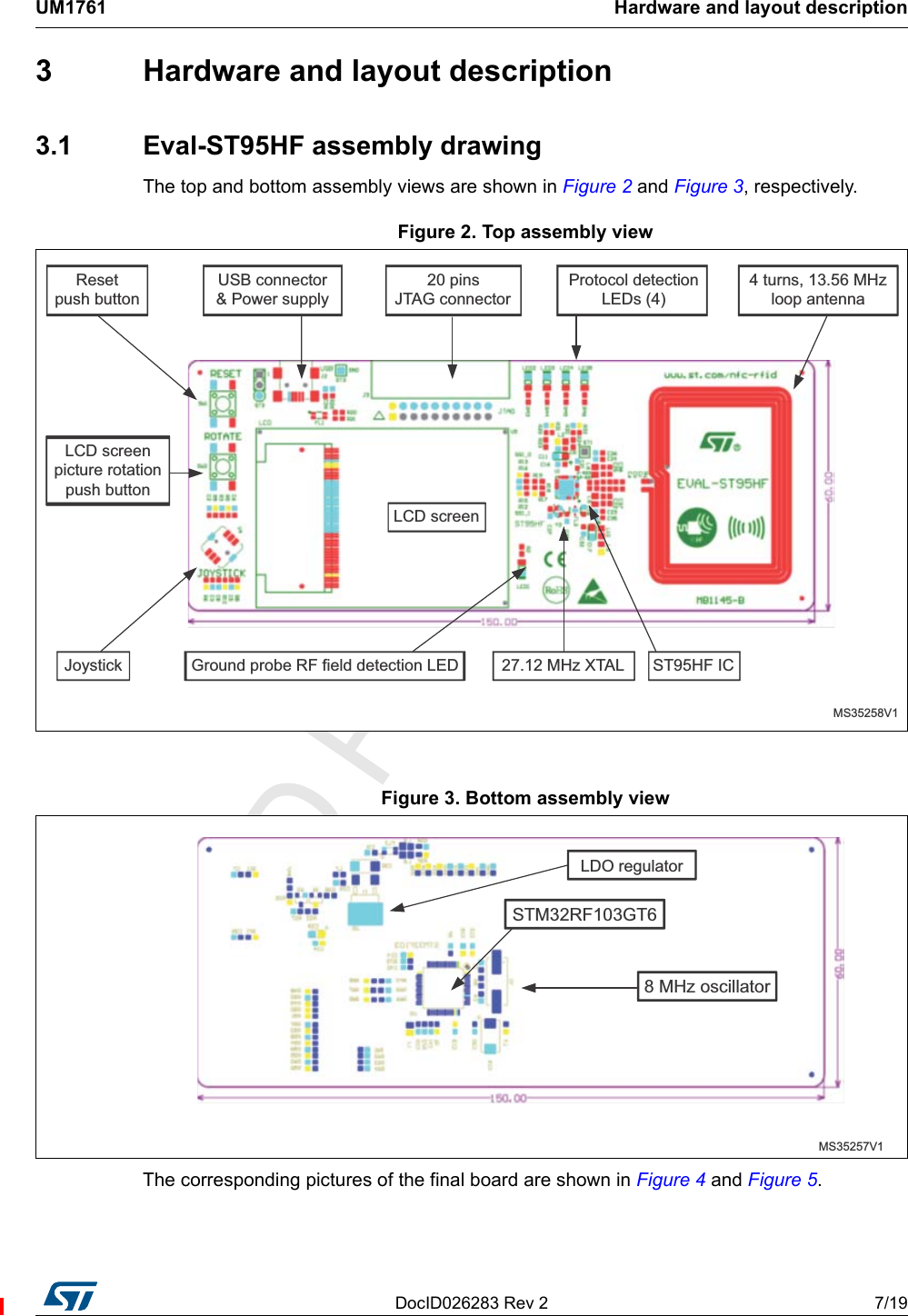 DocID026283 Rev 2 7/19UM1761 Hardware and layout description183  Hardware and layout description3.1 Eval-ST95HF assembly drawingThe top and bottom assembly views are shown in Figure 2 and Figure 3, respectively.Figure 2. Top assembly viewFigure 3. Bottom assembly viewThe corresponding pictures of the final board are shown in Figure 4 and Figure 5.0+];7$/WXUQV0+]ORRSDQWHQQD0693URWRFROGHWHFWLRQ/(&apos;VSLQV-7$*FRQQHFWRU86%FRQQHFWRU3RZHUVXSSO\5HVHWSXVKEXWWRQ/&amp;&apos;VFUHHQSLFWXUHURWDWLRQSXVKEXWWRQ-R\VWLFN *URXQGSUREH5)ILHOGGHWHFWLRQ/(&apos; 67+),&amp;/&amp;&apos;VFUHHQ0+]RVFLOODWRU/&apos;2UHJXODWRU6705)*7069