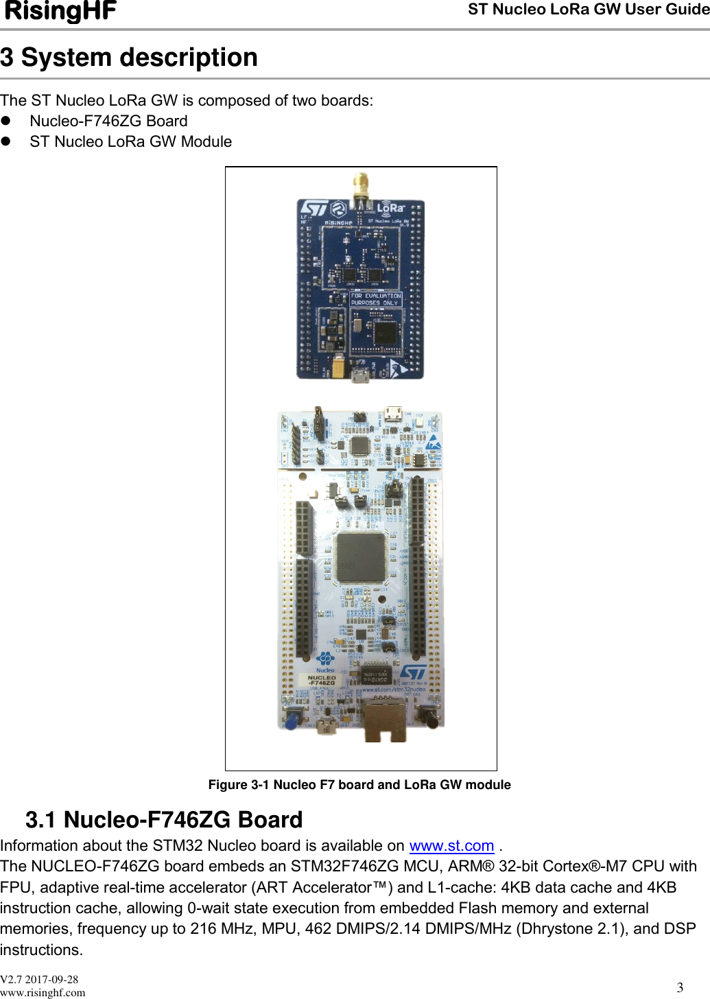 V2.7 2017-09-28 www.risinghf.com ST Nucleo LoRa GW User Guide RisingHF  3 3 System description The ST Nucleo LoRa GW is composed of two boards: ⚫  Nucleo-F746ZG Board ⚫  ST Nucleo LoRa GW Module                               Figure 3-1 Nucleo F7 board and LoRa GW module 3.1 Nucleo-F746ZG Board Information about the STM32 Nucleo board is available on www.st.com . The NUCLEO-F746ZG board embeds an STM32F746ZG MCU, ARM® 32-bit Cortex®-M7 CPU with FPU, adaptive real-time accelerator (ART Accelerator™) and L1-cache: 4KB data cache and 4KB instruction cache, allowing 0-wait state execution from embedded Flash memory and external memories, frequency up to 216 MHz, MPU, 462 DMIPS/2.14 DMIPS/MHz (Dhrystone 2.1), and DSP instructions.    