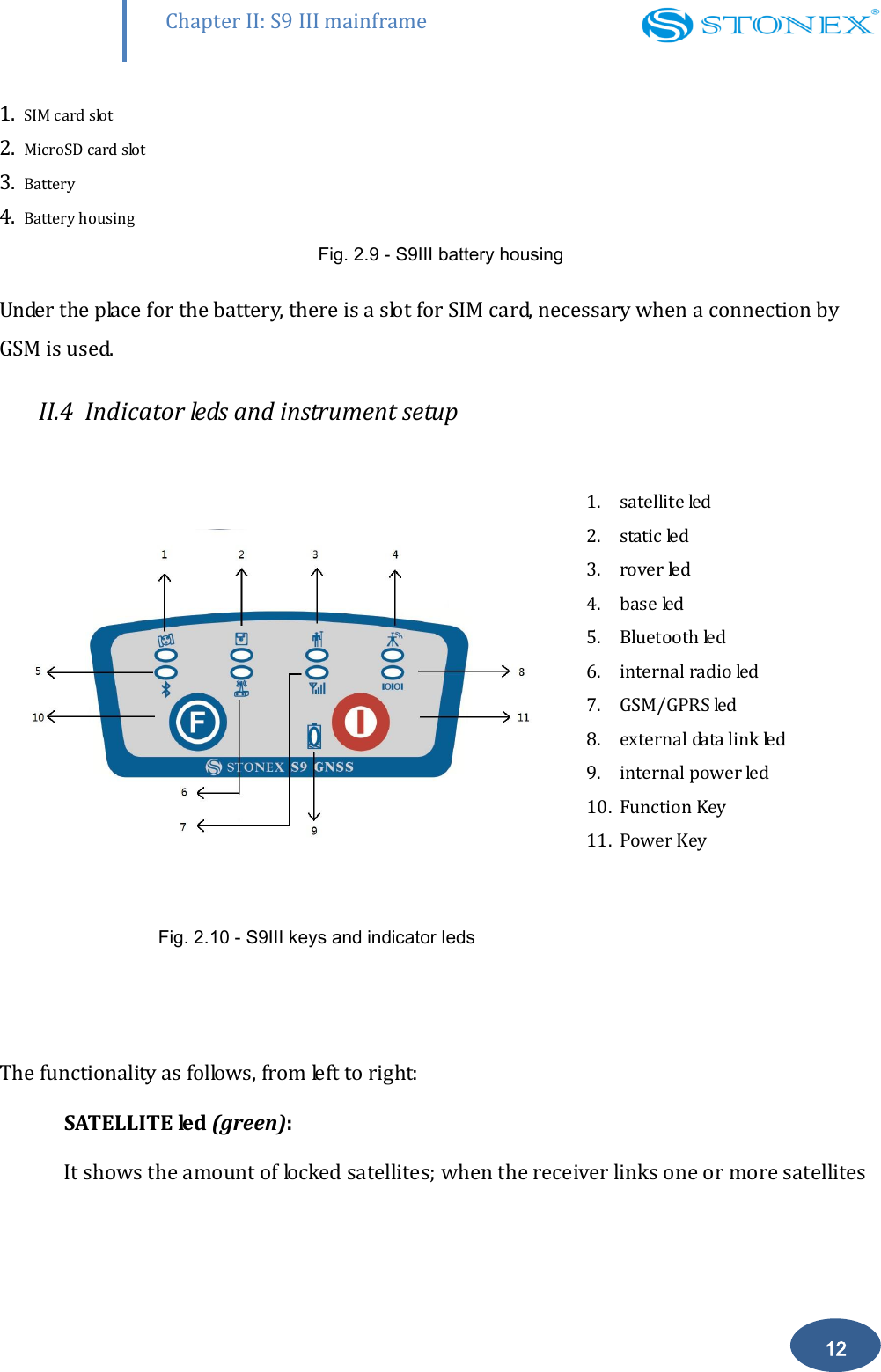        Chapter II: S9 III mainframe 12 1. SIM card slot 2. MicroSD card slot 3. Battery 4. Battery housing Fig. 2.9 - S9III battery housing  Under the place for the battery, there is a slot for SIM card, necessary when a connection by GSM is used. II.4  Indicator leds and instrument setup                  Fig. 2.10 - S9III keys and indicator leds   1. satellite led 2. static led 3. rover led 4. base led 5. Bluetooth led 6. internal radio led 7. GSM/GPRS led 8. external data link led 9. internal power led 10. Function Key  11. Power Key   The functionality as follows, from left to right: SATELLITE led (green):  It shows the amount of locked satellites; when the receiver links one or more satellites 