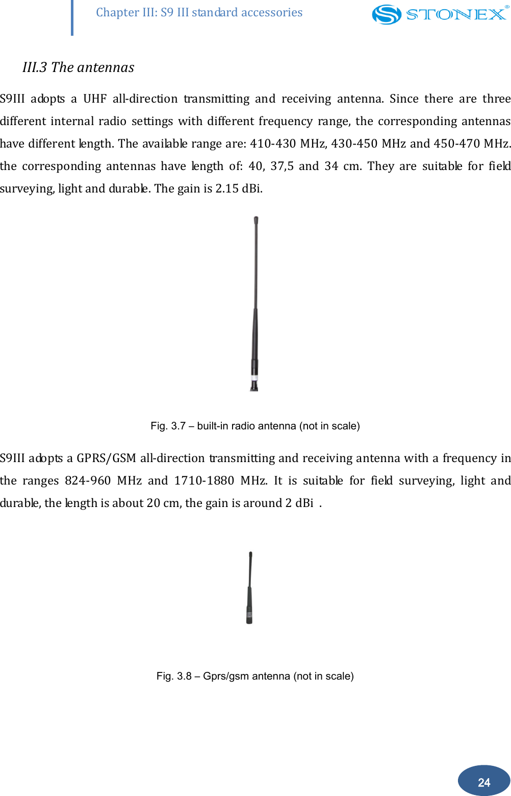        24 Chapter III: S9 III standard accessories III.3 The antennas S9III  adopts  a  UHF  all-direction  transmitting  and  receiving  antenna.  Since  there  are  three different  internal  radio  settings  with  different  frequency  range,  the  corresponding  antennas have different length. The available range are: 410-430 MHz, 430-450 MHz and 450-470 MHz. the  corresponding  antennas  have  length  of:  40,  37,5  and  34  cm.  They  are  suitable  for  field surveying, light and durable. The gain is 2.15 dBi.   Fig. 3.7 &ndash; built-in radio antenna (not in scale) S9III adopts a GPRS/GSM all-direction transmitting and receiving antenna with a frequency in the  ranges  824-960  MHz  and  1710-1880  MHz.  It  is  suitable  for  field  surveying,  light  and durable, the length is about 20 cm, the gain is around 2 dBi  .   Fig. 3.8 &ndash; Gprs/gsm antenna (not in scale) 