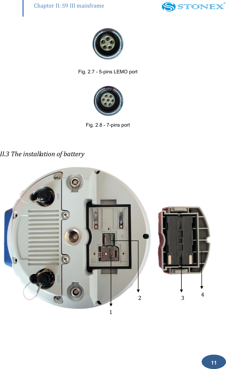        Chapter II: S9 III mainframe 11  Fig. 2.7 - 5-pins LEMO port  Fig. 2.8 - 7-pins port  II.3 The installation of battery  1 3 4 2 