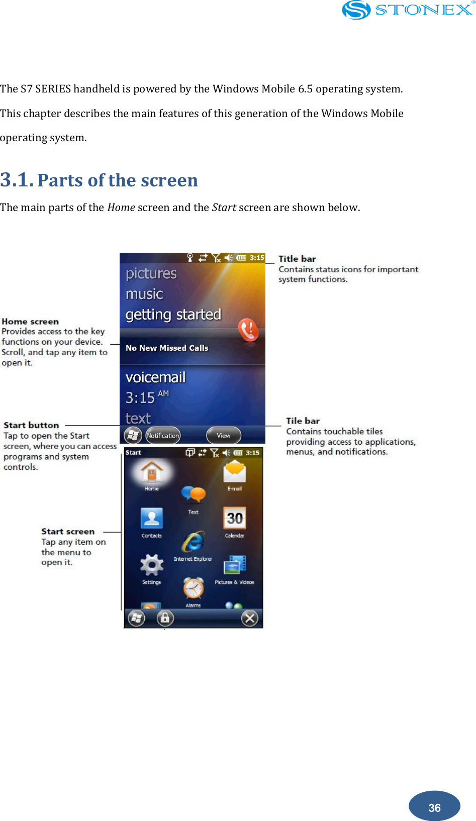    36  The S7 SERIES handheld is powered by the Windows Mobile 6.5 operating system. This chapter describes the main features of this generation of the Windows Mobile operating system. 3.1. Parts of the screen The main parts of the Home screen and the Start screen are shown below.   