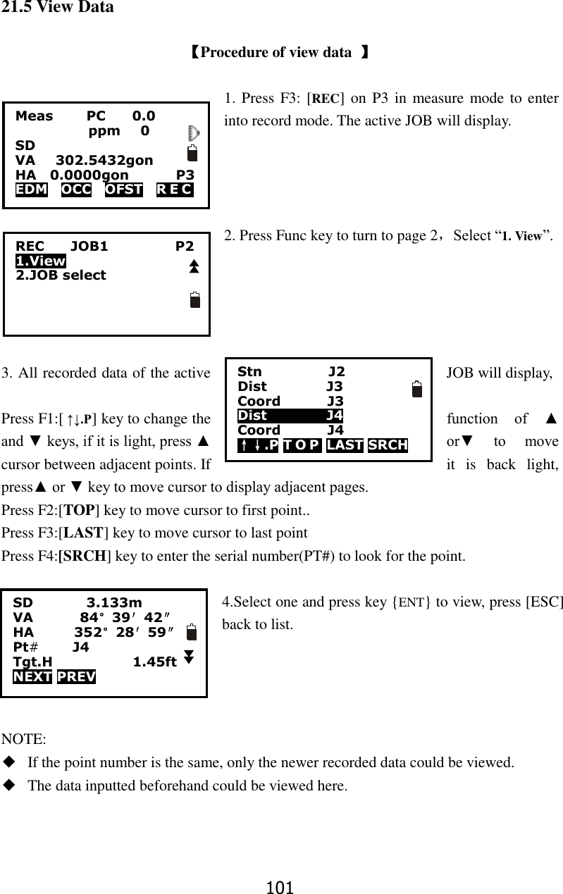 101 21.5 View Data  【Procedure of view data  】  1. Press F3: [REC] on P3 in measure mode to enter into record mode. The active JOB will display.     2. Press Func key to turn to page 2，Select &ldquo;1. View&rdquo;.      3. All recorded data of the active  JOB will display,    Press F1:[ &uarr;&darr;.P] key to change the  function  of  ▲ and ▼ keys, if it is light, press ▲  or▼  to  move cursor between adjacent points. If  it  is  back  light, press▲ or ▼ key to move cursor to display adjacent pages. Press F2:[TOP] key to move cursor to first point..   Press F3:[LAST] key to move cursor to last point Press F4:[SRCH] key to enter the serial number(PT#) to look for the point.  4.Select one and press key {ENT} to view, press [ESC] back to list.     NOTE: ◆ If the point number is the same, only the newer recorded data could be viewed. ◆ The data inputted beforehand could be viewed here.   Meas          PC        0.0            ppm      0 SD VA      302.5432gon     HA    0.0000gon        P3 EDM    OCC    OFST    R E C   REC        JOB1                    P2 1.View 2.JOB select Stn                    J2 Dist                  J3 Coord              J3   Dist                  J4 Coord              J4       &uarr;&darr;.P T O P  LAST SRCH  SD                3.133m VA              84&deg;39&prime;42&Prime; HA            352&deg;28&prime;59&Prime; Pt#     J4 Tgt.H                        1.45ft NEXT PREV 
