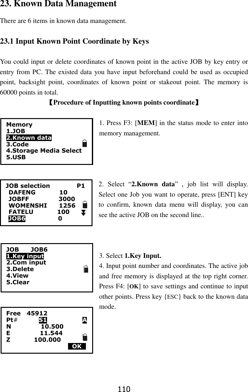 110 23. Known Data Management There are 6 items in known data management.  23.1 Input Known Point Coordinate by Keys  You could input or delete coordinates of known point in the active JOB by key entry or entry from PC. The existed data you have input beforehand could be used as occupied point,  backsight  point,  coordinates  of  known  point  or  stakeout  point.  The  memory  is 60000 points in total. 【Procedure of Inputting known points coordinate】  1. Press F3: [MEM] in the status mode to enter into memory management.     2.  Select  &ldquo;2.Known  data&rdquo;  ,  job  list  will  display. Select one Job you want to operate, press [ENT] key to  confirm,  known  data  menu  will  display,  you  can see the active JOB on the second line..    3. Select 1.Key Input. 4. Input point number and coordinates. The active job and free memory is displayed at the top right corner. Press F4: [OK] to save settings and continue to input other points. Press key {ESC} back to the known data mode.       Memory 1.JOB 2.Known data 3.Code 4.Storage Media Select 5.USB  JOB selection                  P1 DAFENG                10 JOBFF                    3000 WOMENSHI        1256 FATELU                100 JOB6                      0    JOB        JOB6 1.Key input 2.Com input 3.Delete 4.View 5.Clear Free    45912 Pt#         S1            A N                    10.500 E                    11.544 Z                100.000                                           0OK0 