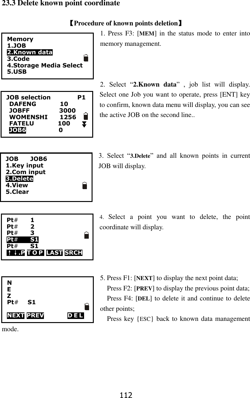112 23.3 Delete known point coordinate  【Procedure of known points deletion】 1. Press  F3: [MEM]  in  the status mode to  enter into memory management.    2.  Select  &ldquo;2.Known  data&rdquo;  ,  job  list  will  display. Select one Job you want to operate, press [ENT] key to confirm, known data menu will display, you can see the active JOB on the second line..    3.  Select  &ldquo;3.Delete&rdquo;  and  all  known  points  in  current JOB will display.     4.  Select  a  point  you  want  to  delete,  the  point coordinate will display.       5. Press F1: [NEXT] to display the next point data;       Press F2: [PREV] to display the previous point data;   Press F4: [DEL] to delete it and continue to delete other points;   Press key {ESC} back to known data management mode.   0.000 0.000 010.919   Memory 1.JOB 2.Known data 3.Code 4.Storage Media Select 5.USB  JOB selection                  P1 DAFENG                10 JOBFF                    3000 WOMENSHI      1256 FATELU                100 JOB6                      0    JOB        JOB6 1.Key input 2.Com input 3.Delete 4.View 5.Clear Pt#    1 Pt#    2 Pt#    3 Pt#    S1 Pt#    S1 &uarr;&darr;.P T O P  LAST SRCH  N E Z Pt#     S1                NEXT PREV        DEL   