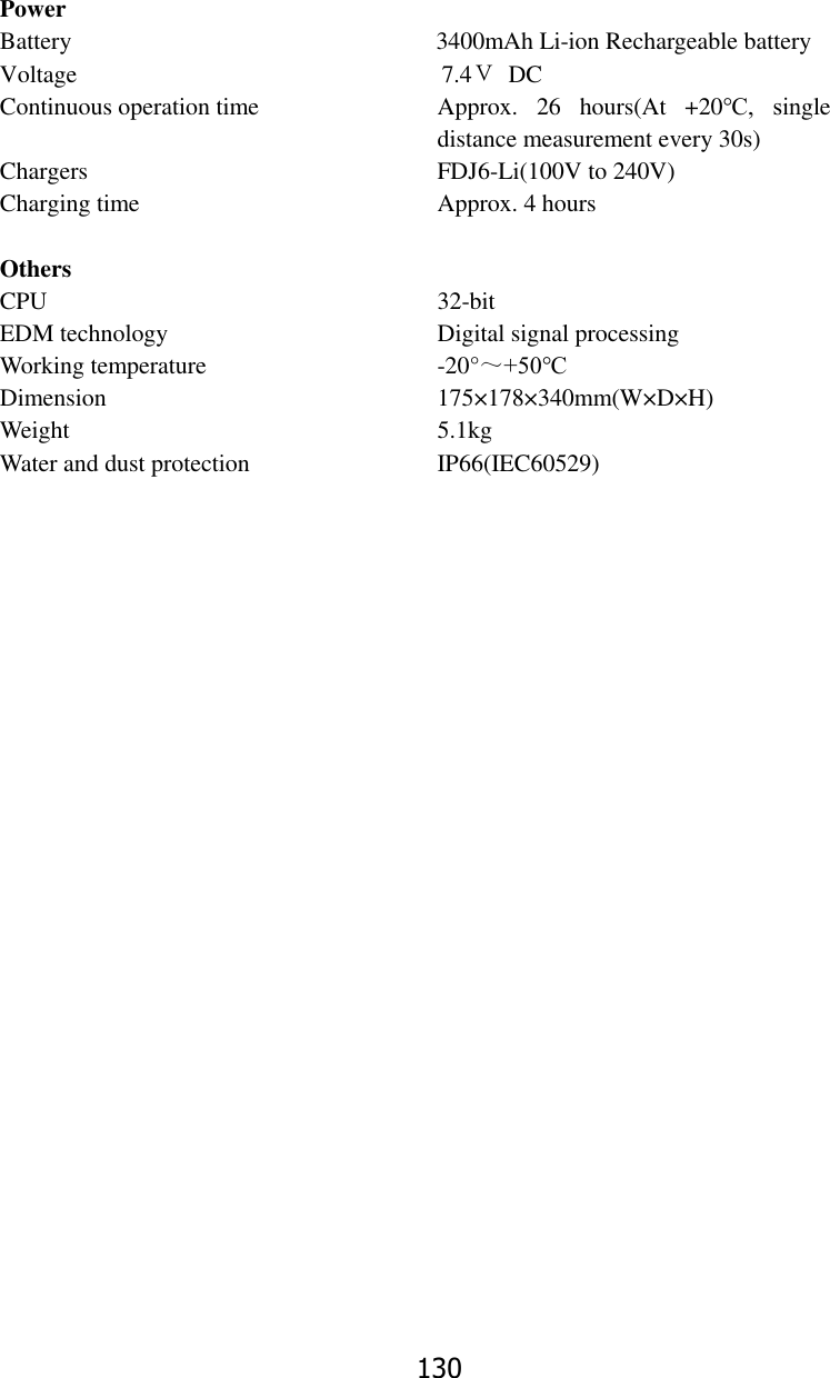 130  Power   Battery                                                            3400mAh Li-ion Rechargeable battery Voltage                              7.4Ｖ DC Continuous operation time        Approx.  26  hours(At  +20℃,  single distance measurement every 30s)   Chargers               FDJ6-Li(100V to 240V) Charging time             Approx. 4 hours        Others CPU                 32-bit EDM technology            Digital signal processing   Working temperature          -20&deg;～+50℃ Dimension              175&times;1 78&times;3 40mm(W&times;D&times;H) Weight                5.1kg Water and dust protection        IP66(IEC60529)  