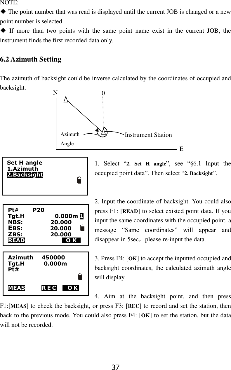 37 NOTE: ◆ The point number that was read is displayed until the current JOB is changed or a new point number is selected. ◆  If  more  than  two  points  with  the  same  point  name  exist  in  the  current  JOB,  the instrument finds the first recorded data only.  6.2 Azimuth Setting  The azimuth of backsight could be inverse calculated by the coordinates of occupied and backsight.                                                                                                                                              1.  Select  &ldquo;2.  Set  H  angle&rdquo;,  see  &ldquo;&sect;6.1  Input  the occupied point data&rdquo;. Then select &ldquo;2. Backsight&rdquo;.     2. Input the coordinate of backsight. You could also press F1: [READ] to select existed point data. If you input the same coordinates with the occupied point, a message  &ldquo;Same  coordinates&rdquo;  will  appear and disappear in 5sec，please re-input the data.  3. Press F4: [OK] to accept the inputted occupied and backsight coordinates, the calculated azimuth angle will display.  4.  Aim  at  the  backsight  point,  and  then  press F1:[MEAS] to check the backsight, or press F3: [REC] to record and set the station, then back to the previous mode. You could also press F4: [OK] to set the station, but the data will not be recorded.    0 N Azimuth   Angle Instrument Station E Set H angle 1.Azimuth 2.Backsight    Pt#          P20 Tgt.H                      0.000m 1 NBS:                    20.000 EBS:                    20.000 ZBS:                  20.000 READ                0O K0  Azimuth      450000 Tgt.H              0.000m Pt#   MEAS      R E C     OK    