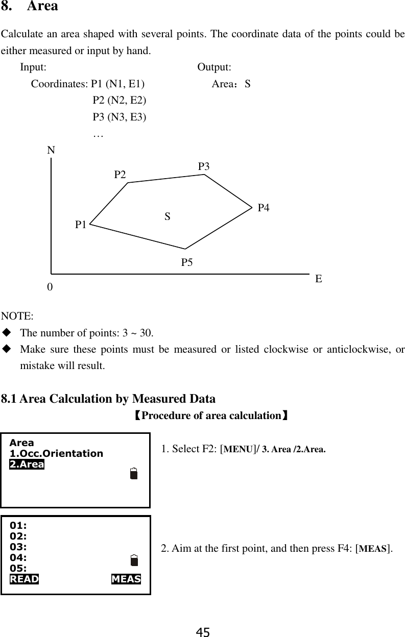 45 8.    Area Calculate an area shaped with several points. The coordinate data of the points could be either measured or input by hand.     Input:                           Output: Coordinates: P1 (N1, E1)                        Area：S                           P2 (N2, E2)                           P3 (N3, E3)              &hellip;                                                                                                                                                                                                                                                                                                                                                                                                                                                                                                                                                                          NOTE: ◆ The number of points: 3 ~ 30. ◆ Make  sure these  points must  be  measured or  listed  clockwise  or  anticlockwise, or mistake will result.  8.1 Area Calculation by Measured Data 【Procedure of area calculation】  1. Select F2: [MENU]/ 3. Area /2.Area.      2. Aim at the first point, and then press F4: [MEAS].    S P1 P2 P3 P4 P5 E 0 N Area 1.Occ.Orientation 2.Area 01: 02: 03: 04: 05: READ                              MEAS 