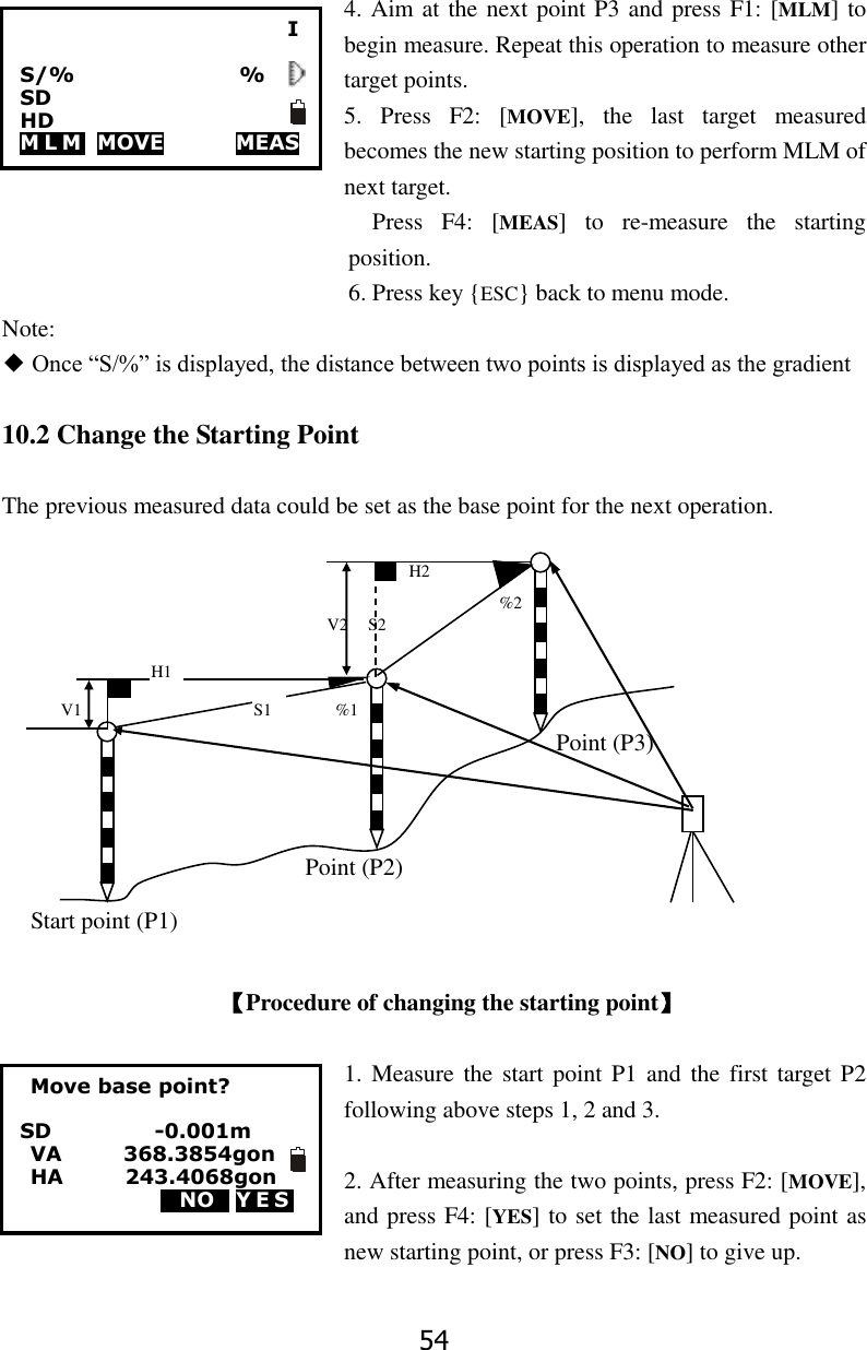 54  4. Aim at the next point P3 and press F1: [MLM] to begin measure. Repeat this operation to measure other target points. 5.  Press  F2:  [MOVE],  the  last  target  measured becomes the new starting position to perform MLM of next target.                                  Press  F4:  [MEAS]  to  re-measure  the  starting position.                                               6. Press key {ESC} back to menu mode. Note: ◆ Once &ldquo;S/%&rdquo; is displayed, the distance between two points is displayed as the gradient  10.2 Change the Starting Point  The previous measured data could be set as the base point for the next operation.                                                                                                                           【Procedure of changing the starting point】  1. Measure  the start point  P1  and  the first target P2 following above steps 1, 2 and 3.               2. After measuring the two points, press F2: [MOVE], and press F4: [YES] to set the last measured point as new starting point, or press F3: [NO] to give up.    H2 H1 S2 S1 %1 %2 V2 V1 Start point (P1) Point (P2) Point (P3)   Move base point?    SD                    -0.001m   VA            368.3854gon   HA            243.4068gon MNOS YES                                         I  S/%                % SD                    HD M L M   MOVE              MEAS                   