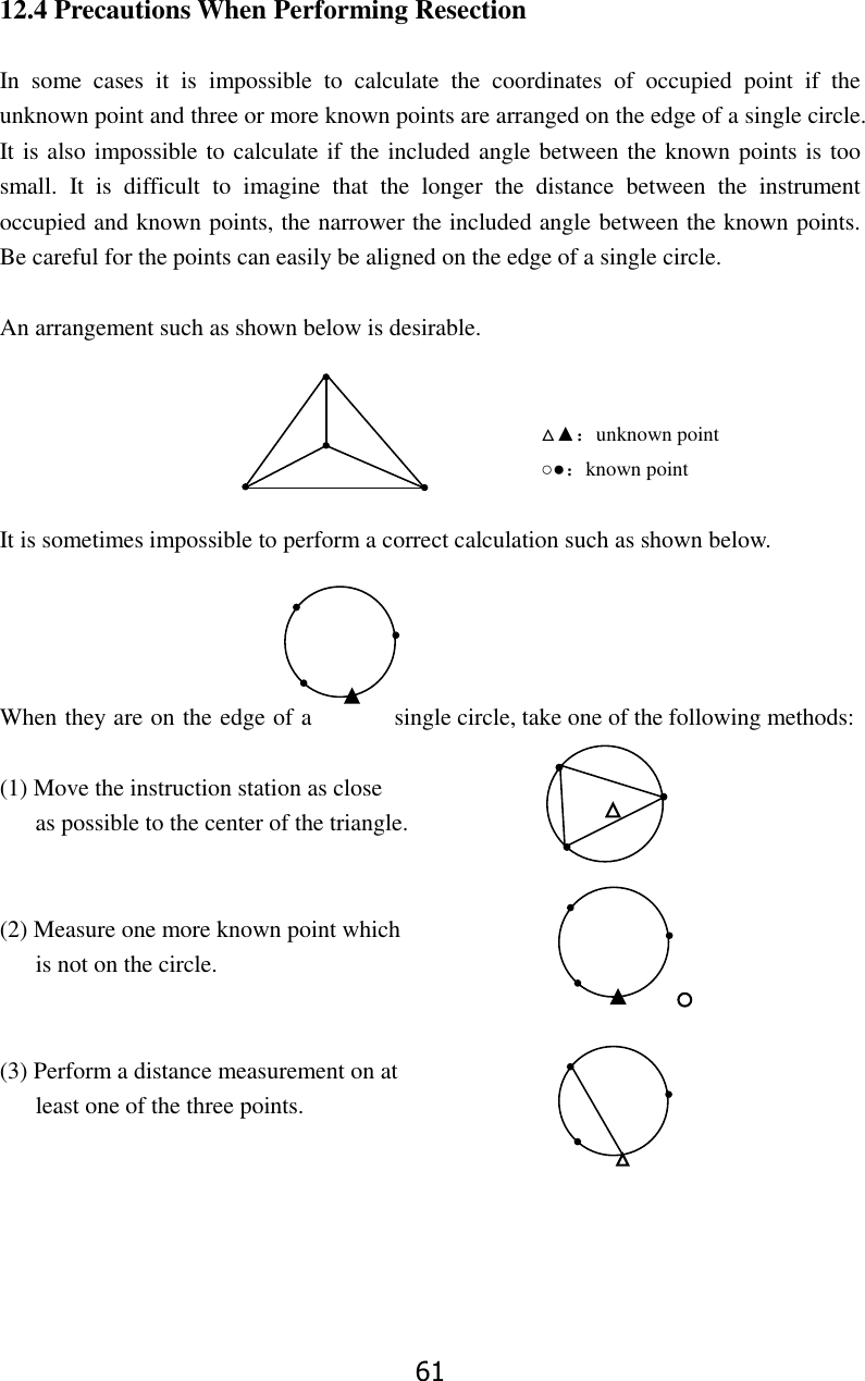 61 12.4 Precautions When Performing Resection  In  some  cases  it  is  impossible  to  calculate  the  coordinates  of  occupied  point  if  the unknown point and three or more known points are arranged on the edge of a single circle. It is also impossible to calculate if the included angle between the known points is too small.  It  is  difficult  to  imagine  that  the  longer  the  distance  between  the  instrument occupied and known points, the narrower the included angle between the known points. Be careful for the points can easily be aligned on the edge of a single circle.  An arrangement such as shown below is desirable.                                                    △▲：unknown point                                                  ○●：known point  It is sometimes impossible to perform a correct calculation such as shown below.     When they are on the edge of a  single circle, take one of the following methods:  (1) Move the instruction station as close   as possible to the center of the triangle.   (2) Measure one more known point which    is not on the circle.                                                                                                 (3) Perform a distance measurement on at      least one of the three points.                                             