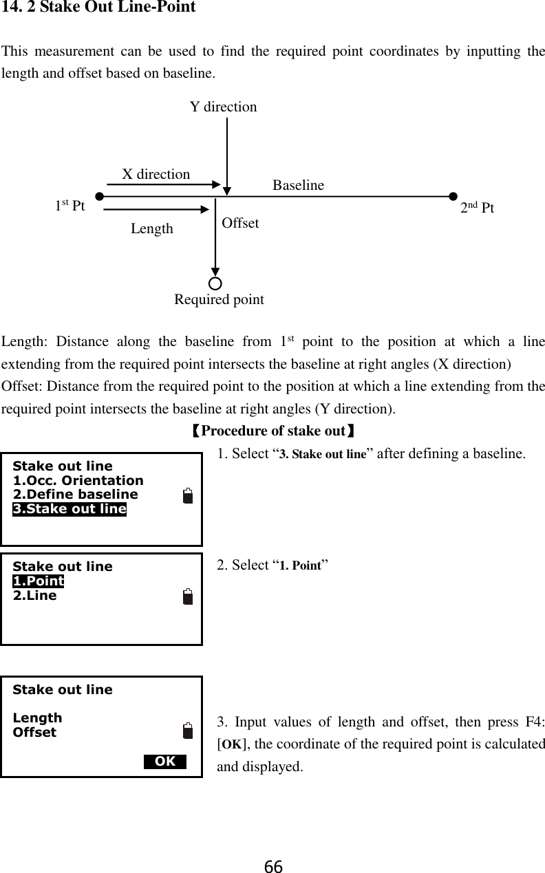 66 14. 2 Stake Out Line-Point  This  measurement  can  be  used  to  find  the  required  point  coordinates  by  inputting  the length and offset based on baseline.                                                                Length:  Distance  along  the  baseline  from  1st  point  to  the  position  at  which  a  line extending from the required point intersects the baseline at right angles (X direction) Offset: Distance from the required point to the position at which a line extending from the required point intersects the baseline at right angles (Y direction). 【Procedure of stake out】 1. Select &ldquo;3. Stake out line&rdquo; after defining a baseline.     2. Select &ldquo;1. Point&rdquo;         3.  Input  values  of  length  and  offset,  then  press  F4: [OK], the coordinate of the required point is calculated and displayed.    Stake out line 1.Occ. Orientation 2.Define baseline   3.Stake out line Stake out line 1.Point   2.Line  Stake out line  Length Offset  HOKD Required point Length X direction 1st Pt 2nd Pt Offset Baseline Y direction 