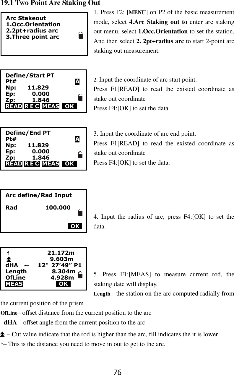 76 19.1 Two Point Arc Staking Out 1. Press F2: [MENU] on P2 of the basic measurement mode, select 4.Arc Staking out to enter arc staking out menu, select 1.Occ.Orientation to set the station. And then select 2. 2pt+radius arc to start 2-point arc staking out measurement.   2. Input the coordinate of arc start point. Press  F1[READ]  to  read  the  existed  coordinate  as stake out coordinate Press F4:[OK] to set the data.   3. Input the coordinate of arc end point. Press  F1[READ]  to  read  the  existed  coordinate  as stake out coordinate Press F4:[OK] to set the data.        4.  Input  the  radius  of  arc,  press  F4:[OK]  to  set  the data.     5.  Press  F1:[MEAS]  to  measure  current  rod,  the staking date will display. Length - the station on the arc computed radially from the current position of the prism OfLine&ndash; offset distance from the current position to the arc   dHA &ndash; offset angle from the current position to the arc &ndash; Cut value indicate that the rod is higher than the arc, fill indicates the it is lower &uarr;&ndash; This is the distance you need to move in out to get to the arc.   Arc Stakeout 1.Occ.Orientation 2.2pt+radius arc 3.Three point arc  Define/Start PT Pt#                     A Np:        11.829 Ep:            0.000 Zp:            1.846 READ R E C  MEAS    OK     Arc define/Rad Input  Rad                    100.000         OK     &uarr;                          21.172m                                 9.603m dHA    &larr;   12&deg;27&rsquo;49&rdquo; P1 Length                  8.304m OfLine                  4.928m MEAS             OK     Define/End PT Pt#                     A Np:        11.829 Ep:            0.000 Zp:            1.846 READ R E C  MEAS    OK     