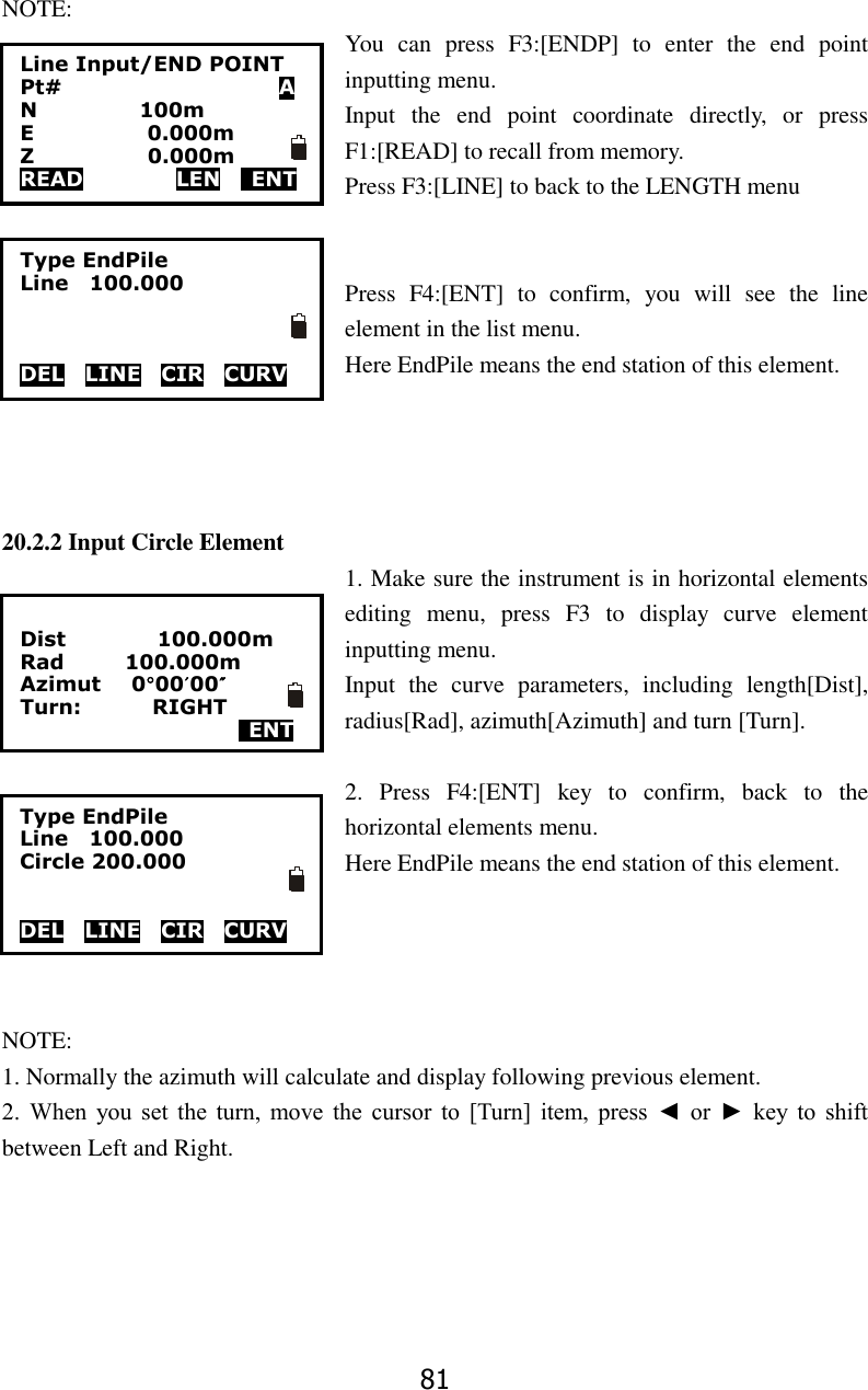 81 NOTE:   You  can  press  F3:[ENDP]  to  enter  the  end  point inputting menu. Input  the  end  point  coordinate  directly,  or  press F1:[READ] to recall from memory.   Press F3:[LINE] to back to the LENGTH menu   Press  F4:[ENT]  to  confirm,  you  will  see  the  line element in the list menu. Here EndPile means the end station of this element.     20.2.2 Input Circle Element 1. Make sure the instrument is in horizontal elements editing  menu,  press  F3  to  display  curve  element inputting menu. Input  the  curve  parameters,  including  length[Dist], radius[Rad], azimuth[Azimuth] and turn [Turn].  2.  Press  F4:[ENT]  key  to  confirm,  back  to  the horizontal elements menu. Here EndPile means the end station of this element.     NOTE:   1. Normally the azimuth will calculate and display following previous element.   2.  When  you  set  the  turn,  move  the  cursor  to  [Turn]  item,  press  ◄  or  ►  key  to  shift between Left and Right. Line Input/END POINT Pt#                     A N                    100m E                      0.000m Z                      0.000m READ                  LEN    ENT Type EndPile Line    100.000    DEL    LINE    CIR    CURV   Dist                  100.000m Rad            100.000m Azimut      0&deg;00&prime;00&Prime; Turn:       RIGHT     ENT Type EndPile Line    100.000 Circle 200.000   DEL    LINE    CIR    CURV 
