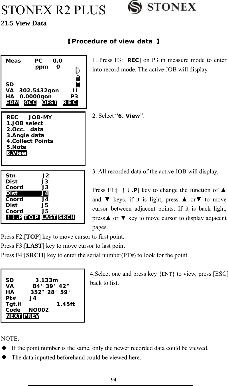 STONEX R2 PLUS        94 21.5 View Data  【Procedure of view data 】  1. Press F3: [REC] on P3 in measure mode to enter into record mode. The active JOB will display.     2. Select &ldquo;6. View&rdquo;.      3. All recorded data of the active JOB will display,    Press F1:[ &uarr;&darr;.P] key to change the function of ▲ and  ▼ keys, if it is light, press ▲ or▼ to move cursor between adjacent points. If it is back light, press▲ or ▼ key to move cursor to display adjacent pages. Press F2:[TOP] key to move cursor to first point..   Press F3:[LAST] key to move cursor to last point Press F4:[SRCH] key to enter the serial number(PT#) to look for the point.  4.Select one and press key {ENT} to view, press [ESC] back to list.      NOTE: ◆  If the point number is the same, only the newer recorded data could be viewed. ◆  The data inputted beforehand could be viewed here. REC    JOB-MY 1.JOB select 2.Occ.  data 3.Angle data 4.Collect Points 5.Note 6.View Meas     PC    0.0            ppm   0   SD VA  302.5432gon     II HA  0.0000gon       P3 EDM  OCC  OFST  REC  Stn          J2 Dist         J3 Coord       J3  Dist         J4 Coord       J4   Dist         J5 Coord       J5   &uarr;&darr;.P T O P  LAST SRCH  SD        3.133m VA       84&deg;39&prime;42&Prime; HA      352&deg;28&prime;59&Prime; Pt#     J4 Tgt.H             1.45ft Code   NO002 NEXT PREV 