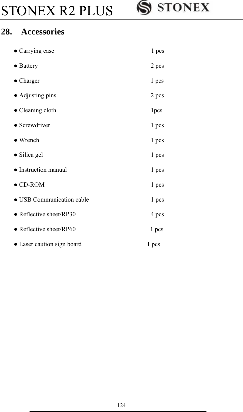 STONEX R2 PLUS        124 28.  Accessories ● Carrying case         1 pcs ● Battery        2 pcs ● Charger                                   1 pcs ● Adjusting pins        2 pcs ● Cleaning cloth        1pcs ● Screwdriver         1 pcs ● Wrench          1 pcs ● Silica gel         1 pcs ● Instruction manual        1 pcs ● CD-ROM         1 pcs ● USB Communication cable      1 pcs     ● Reflective sheet/RP30                      4 pcs  ● Reflective sheet/RP60                       1 pcs ● Laser caution sign board                    1 pcs    