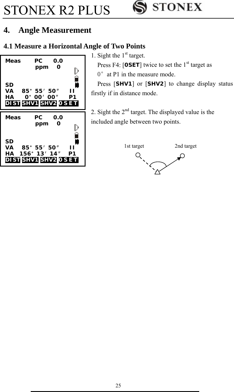 STONEX R2 PLUS        25 4.  Angle Measurement 4.1 Measure a Horizontal Angle of Two Points   1. Sight the 1st target. Press F4: [0SET] twice to set the 1st target as 0&deg;at P1 in the measure mode. Press [SHV1] or [SHV2] to change display status firstly if in distance mode.                                                  2. Sight the 2nd target. The displayed value is the included angle between two points.       2nd target 1st targetMeas     PC    0.0            ppm   0   SD VA   85&deg;55&prime;50&Prime;   II HA    0&deg;00&prime;00&Prime;   P1 DIST SHV1 SHV2 0 S E T   Meas     PC    0.0            ppm   0   SD VA   85&deg;55&prime;50&Prime;   II HA  156&deg;13&prime;14&Prime;  P1 DIST SHV1 SHV2 0 S E T   