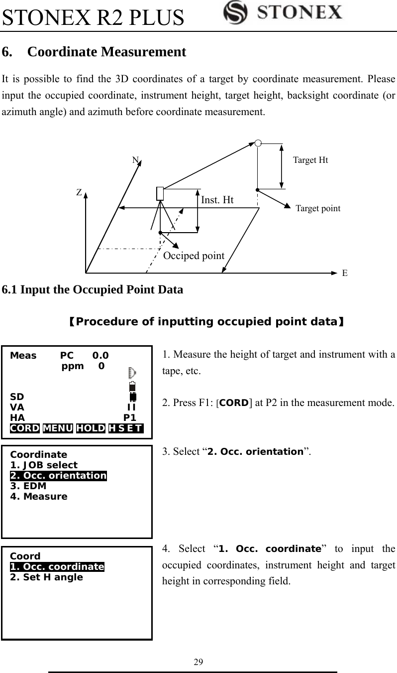 STONEX R2 PLUS        29 Occiped point Inst. Ht 6.  Coordinate Measurement It is possible to find the 3D coordinates of a target by coordinate measurement. Please input the occupied coordinate, instrument height, target height, backsight coordinate (or azimuth angle) and azimuth before coordinate measurement.                                                    ○                         N                                 Target Ht              Z                                                                                                            Target point                                                                                                                              E     6.1 Input the Occupied Point Data  【Procedure of inputting occupied point data】  1. Measure the height of target and instrument with a tape, etc.            2. Press F1: [CORD] at P2 in the measurement mode.   3. Select &ldquo;2. Occ. orientation&rdquo;.      4. Select &ldquo;1. Occ. coordinate&rdquo; to input the occupied coordinates, instrument height and target height in corresponding field.    Coordinate 1. JOB select 2. Occ. orientation  3. EDM 4. Measure           Coord 1. Occ. coordinate  2. Set H angle  Meas     PC    0.0            ppm   0   SD VA                      II HA                     P1 CORD MENU HOLD H S E T   
