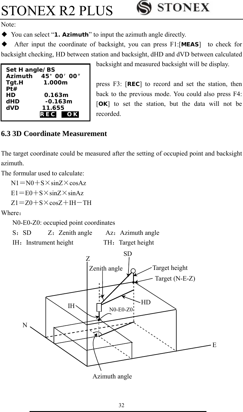 STONEX R2 PLUS        32 Note: ◆  You can select &ldquo;1. Azimuth&rdquo; to input the azimuth angle directly. ◆  After input the coordinate of backsight, you can press F1:[MEAS]  to check for backsight checking, HD between station and backsight, dHD and dVD between calculated backsight and measured backsight will be display.  press F3: [REC] to record and set the station, then back to the previous mode. You could also press F4: [OK] to set the station, but the data will not be recorded.  6.3 3D Coordinate Measurement  The target coordinate could be measured after the setting of occupied point and backsight azimuth.  The formular used to calculate:    N1＝N0＋S&times;sinZ&times;cosAz    E1＝E0＋S&times;sinZ&times;sinAz    Z1＝Z0＋S&times;cosZ＋IH－TH Where： N0-E0-Z0: occupied point coordinates S：SD     Z：Zenith angle    Az：Azimuth angle   IH：Instrument height         TH：Target height                                    SDIH Azimuth angle N E ZN0-E0-Z0 HDZenith angle Target (N-E-Z)Target heightSet H angle/BS Azimuth   45&deg;00&prime;00&Prime; Tgt.H       1.000m Pt# HD          0.163m dHD         -0.163m dVD        11.655    REC    OK 