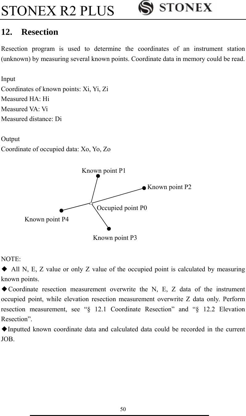 STONEX R2 PLUS        50 12.  Resection Resection program is used to determine the coordinates of an instrument station (unknown) by measuring several known points. Coordinate data in memory could be read.  Input                                 Coordinates of known points: Xi, Yi, Zi     Measured HA: Hi Measured VA: Vi Measured distance: Di  Output Coordinate of occupied data: Xo, Yo, Zo                                                                                                                                                                                                      NOTE: ◆  All N, E, Z value or only Z value of the occupied point is calculated by measuring known points. ◆Coordinate resection measurement overwrite the N, E, Z data of the instrument occupied point, while elevation resection measurement overwrite Z data only. Perform resection measurement, see &ldquo;&sect; 12.1 Coordinate Resection&rdquo; and &ldquo;&sect; 12.2 Elevation Resection&rdquo;. ◆Inputted known coordinate data and calculated data could be recorded in the current JOB. Known point P4 Known point P1 Known point P2 Known point P3 Occupied point P0 