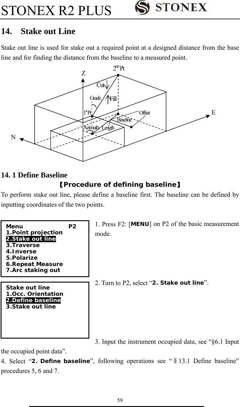 STONEX R2 PLUS        59 14.  Stake out Line Stake out line is used for stake out a required point at a designed distance from the base line and for finding the distance from the baseline to a measured point.            14. 1 Define Baseline 【Procedure of defining baseline】 To perform stake out line, please define a baseline first. The baseline can be defined by inputting coordinates of the two points.    1. Press F2: [MENU] on P2 of the basic measurement mode.     2. Turn to P2, select &ldquo;2. Stake out line&rdquo;.      3. Input the instrument occupied data, see &ldquo;&sect;6.1 Input the occupied point data&rdquo;. 4. Select &ldquo;2. Define baseline&rdquo;, following operations see &ldquo;&sect;13.1 Define baseline&rdquo; procedures 5, 6 and 7.    Menu                P2 1.Point projection 2.Stake out line     3.Traverse 4.Inverse 5.Polarize 6.Repeat Measure 7.Arc staking out Stake out line 1.Occ. Orientation 2.Define baseline  3.Stake out line OffsetLengthFillGrade2ndPt1st PtBaselineAzimuthZ N E Cut