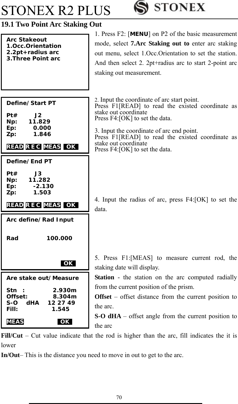 STONEX R2 PLUS        70 19.1 Two Point Arc Staking Out 1. Press F2: [MENU] on P2 of the basic measurement mode, select 7.Arc Staking out to enter arc staking out menu, select 1.Occ.Orientation to set the station. And then select 2. 2pt+radius arc to start 2-point arc staking out measurement.   2. Input the coordinate of arc start point. Press F1[READ] to read the existed coordinate as stake out coordinate Press F4:[OK] to set the data.  3. Input the coordinate of arc end point. Press F1[READ] to read the existed coordinate as stake out coordinate Press F4:[OK] to set the data.       4. Input the radius of arc, press F4:[OK] to set the data.     5. Press F1:[MEAS] to measure current rod, the staking date will display. Station  - the station on the arc computed radially from the current position of the prism. Offset &ndash; offset distance from the current position to the arc. S-O dHA &ndash; offset angle from the current position to the arc Fill/Cut &ndash; Cut value indicate that the rod is higher than the arc, fill indicates the it is lower In/Out&ndash; This is the distance you need to move in out to get to the arc.     Arc Stakeout 1.Occ.Orientation 2.2pt+radius arc 3.Three Point arc  Define/Start PT  Pt#      J2 Np:    11.829 Ep:      0.000 Zp:      1.846  READ R E C  MEAS  OK   Define/End PT  Pt#      J3 Np:    11.282 Ep:      -2.130 Zp:      1.503  READ R E C  MEAS  OK   Arc define/Rad Input   Rad          100.000      OK   Are stake out/Measure  Stn  :          2.930m Offset:         8.304m S-O   dHA   12 27 49   Fill:            1.545  MEAS             OK   